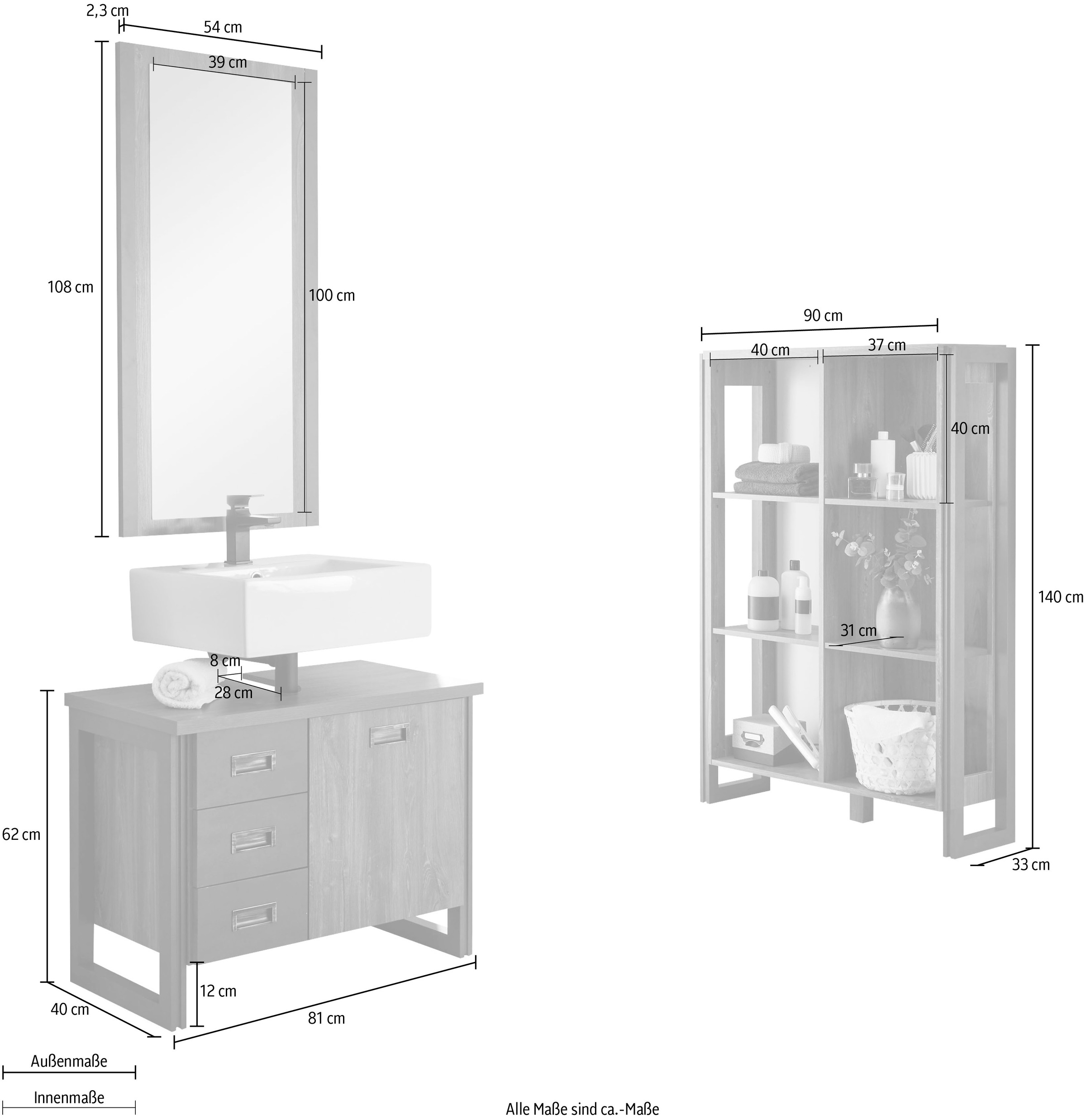 Home affaire Badmöbel-Set »Detroit, Bad im Industrialdesign, 3-teiliges Badezimmer«, (Set, 3 St.), Unterschrank, Regal & Spiegel, holzfarben, offene Fächer & Stauraum