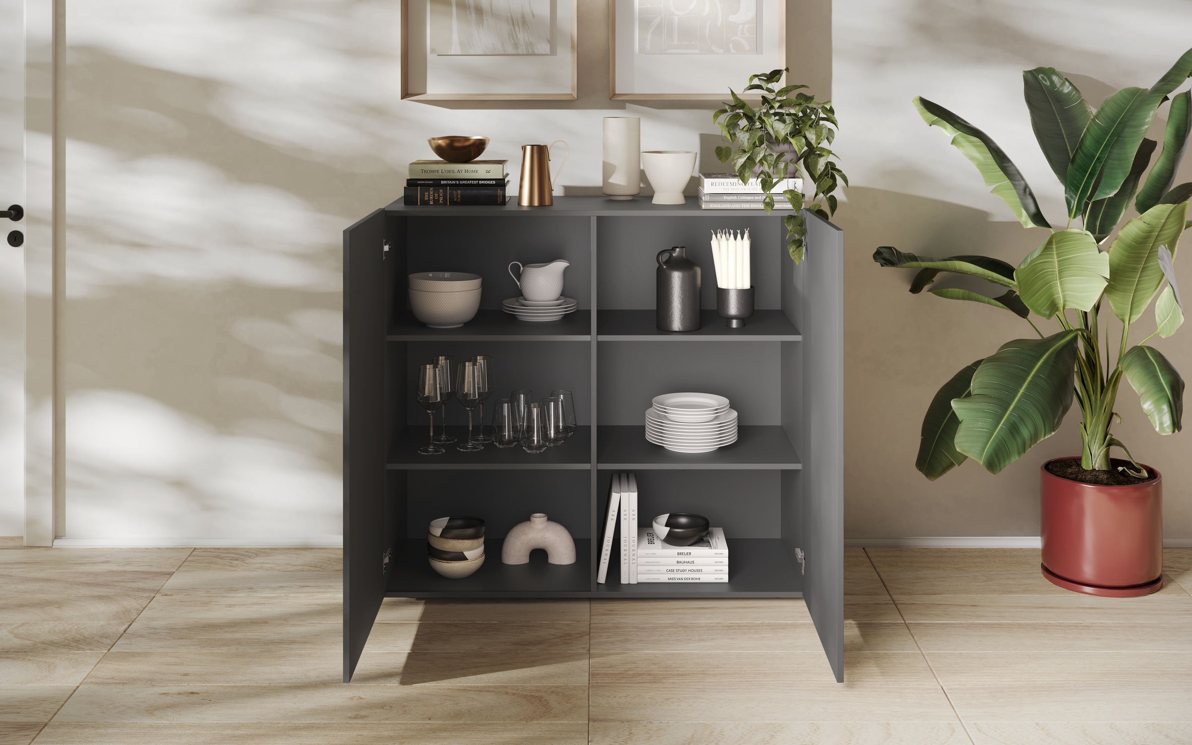 INOSIGN Highboard »Snake Höhe 123 cm u. Breite 121 cm, Kommode mit 2 Türen, Sideboard«, mit viel Stauraum, Schrank, Front mit besonderem Siebdruck