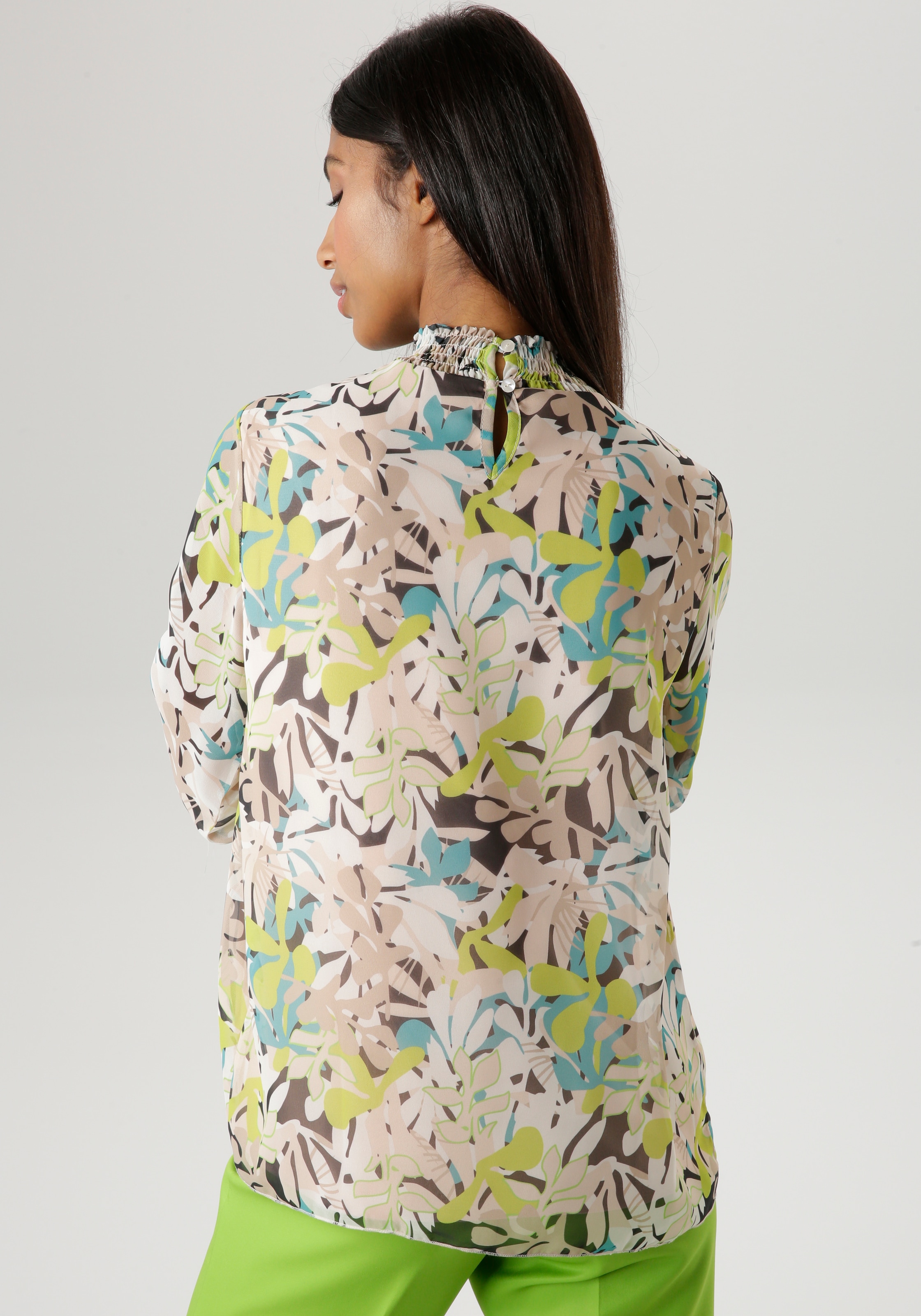 Aniston SELECTED Chiffonbluse, mit Blätterdruck und Smokbündchen
