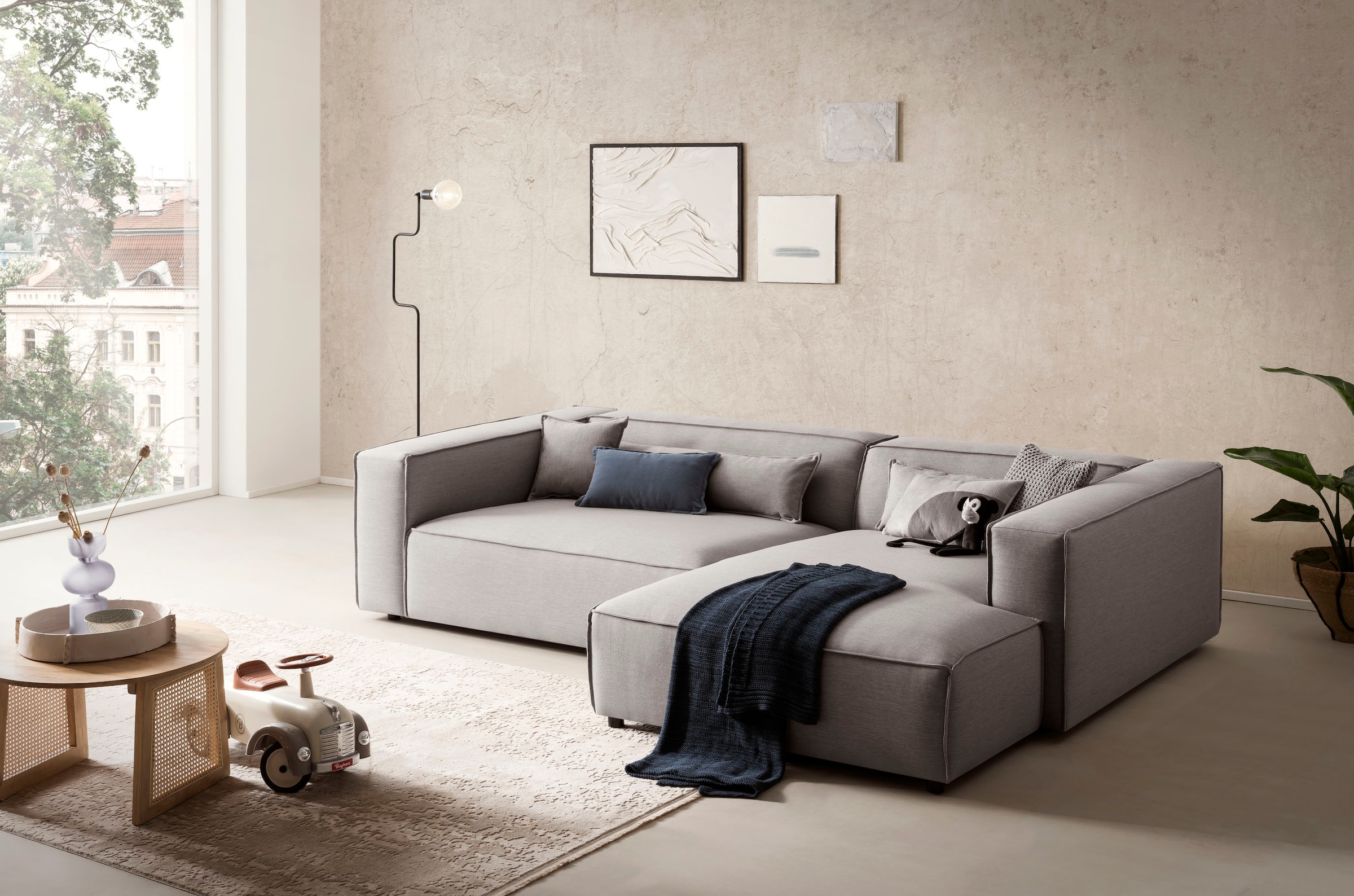 LeGer Home by Lena Gercke Ecksofa »PIARA XXL, Big-Sofa in Cord oder Leinenoptik, L-Form, mit Kedernaht«, wahlweise Ottomane rechts/links, schwarze Füsse, extra tiefe Sitzfläche