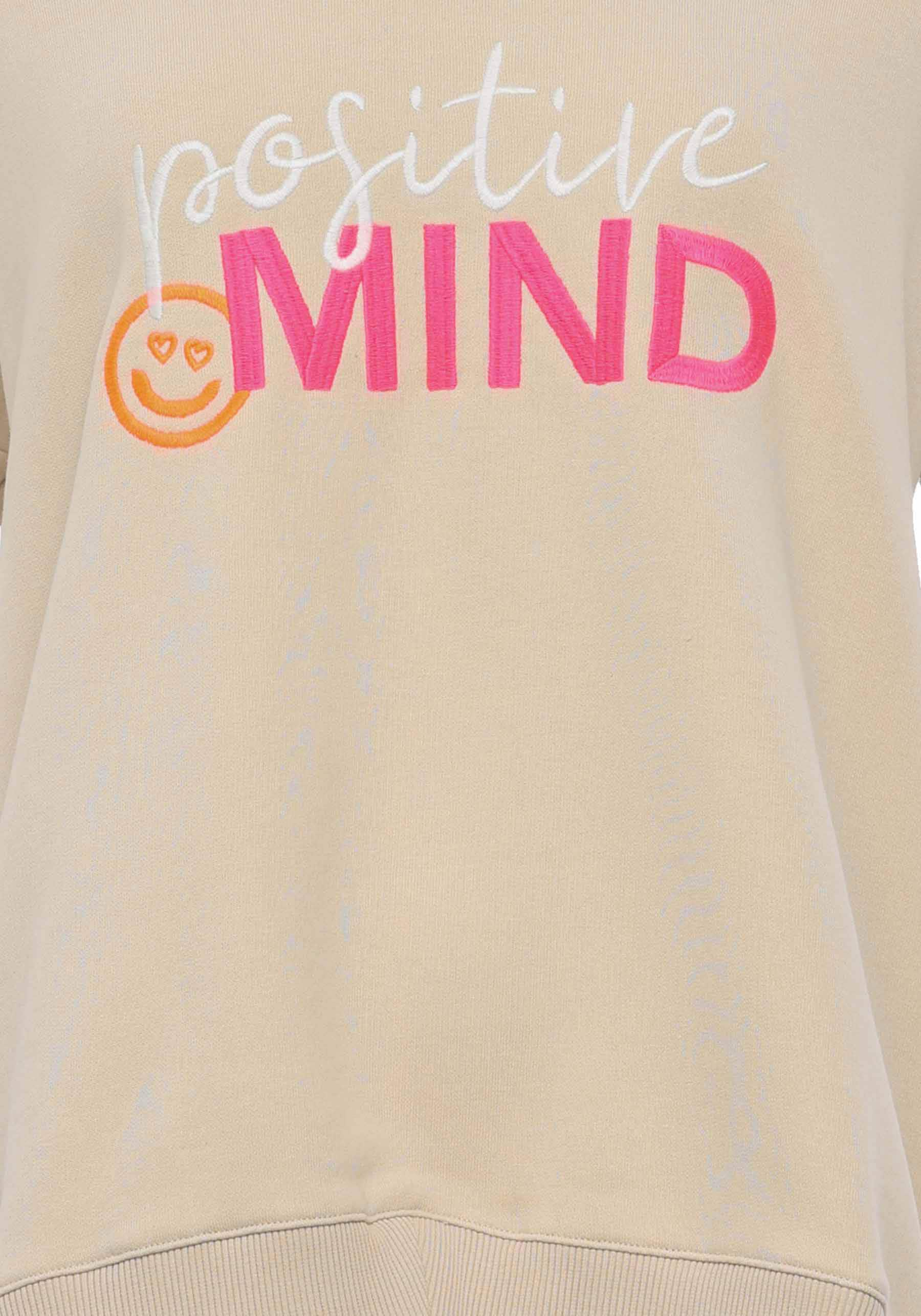 Zwillingsherz Sweatshirt, mit V-Ausschnitt, "Positive Mind"-Aufstick und neonfarbenen Bündchen