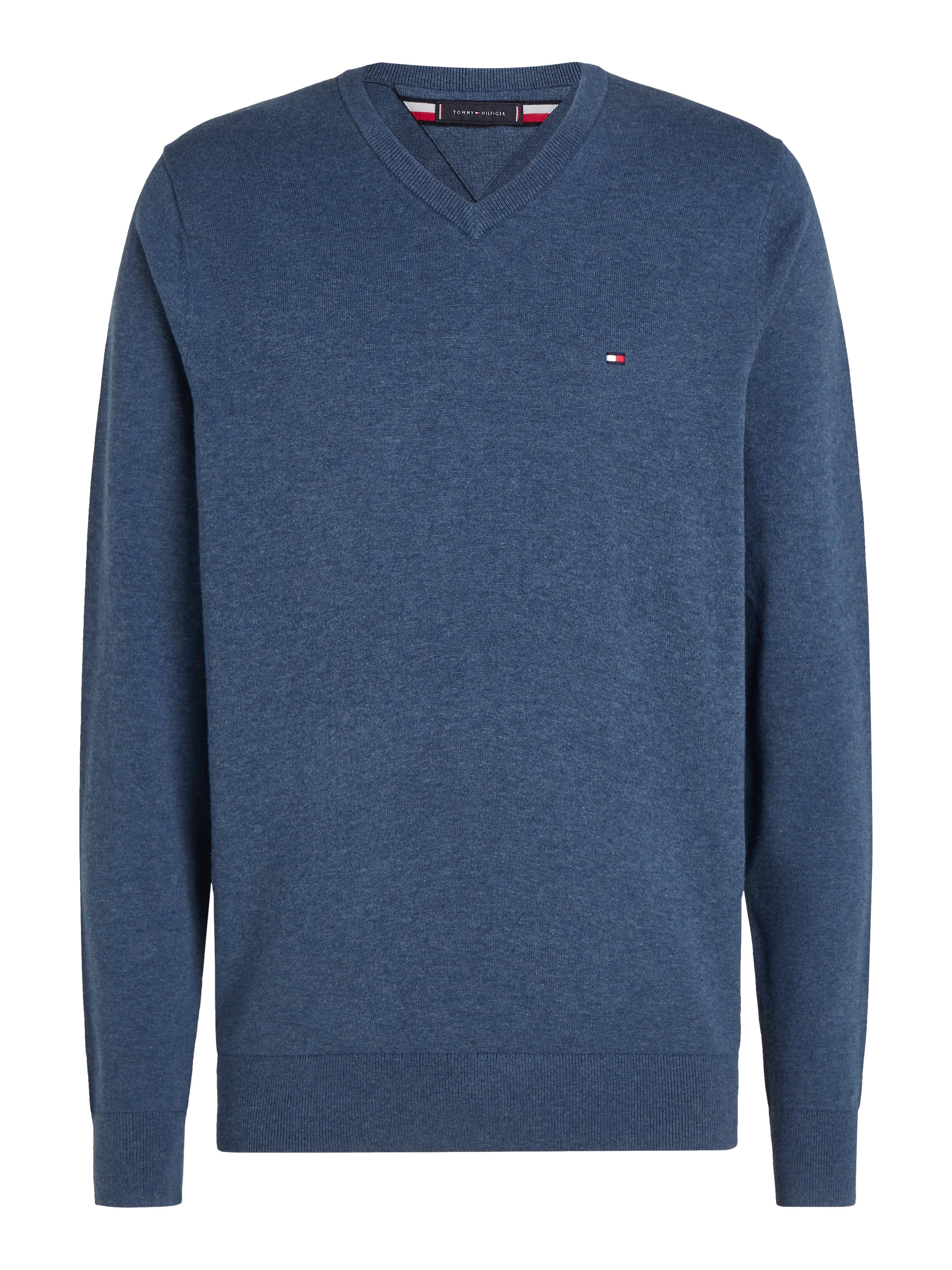 Tommy Hilfiger Strickpullover »ESSENTIAL COTTON V NECK mit V-Ausschnitt und Stickerei«, unifarben, casual, regular fit, Baumwolle, V-Ausschnitt
