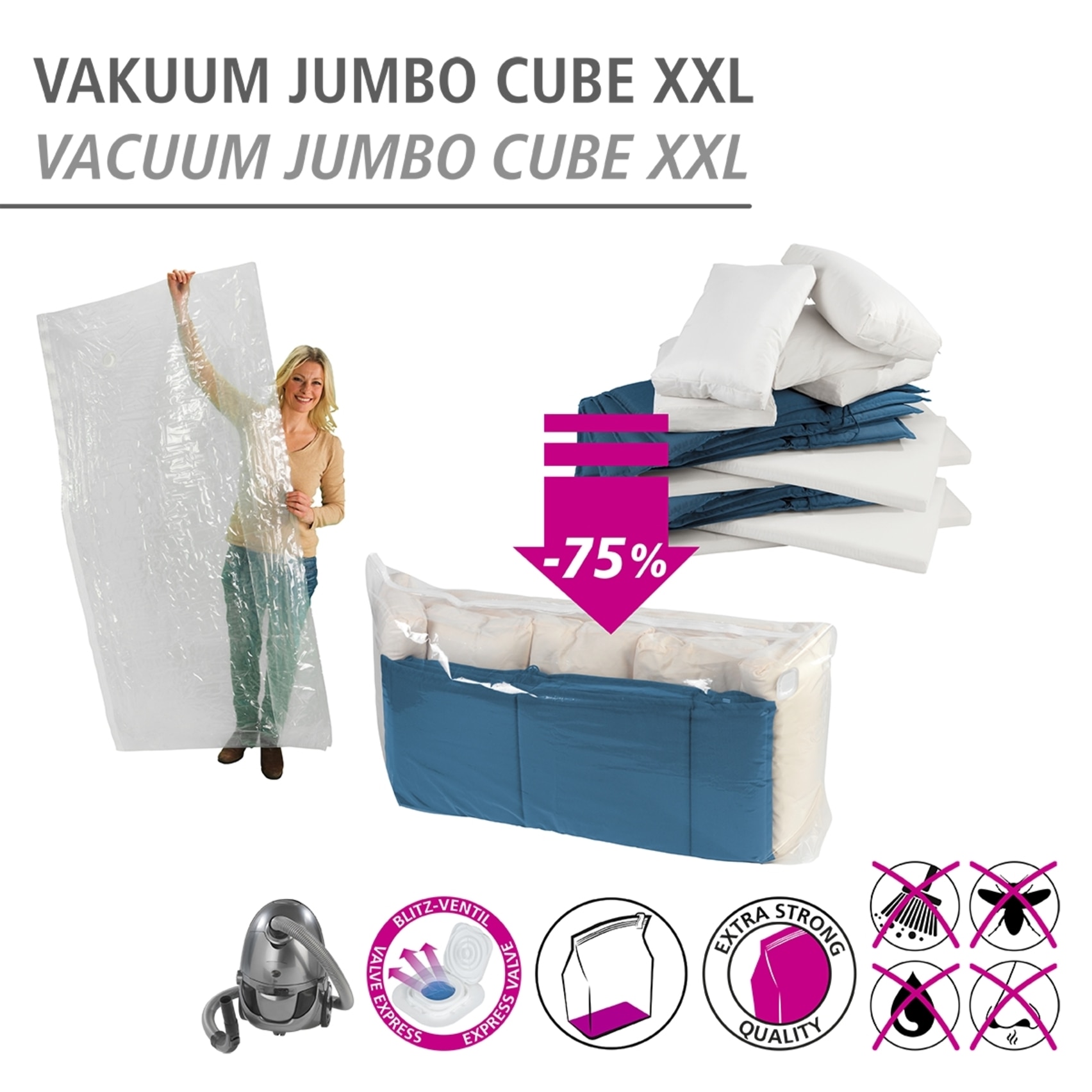 WENKO Vakuumierbeutel »Vakuum Jumbo Cube XXL«, extra grosser Vakuumbeutel für Kleidung, Gartenpolster & Bettdecken