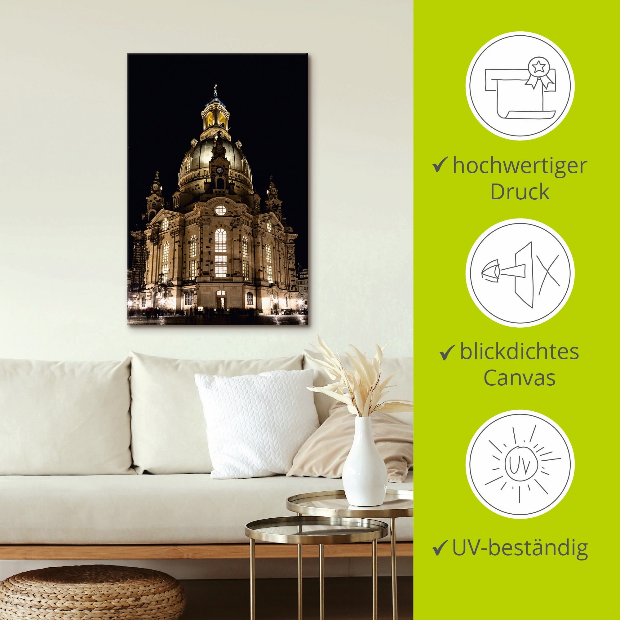 Artland Wandbild »Erleuchtete Frauenkirche in Dresden«, Gebäude, (1 St.), als Leinwandbild, Poster in verschied. Grössen