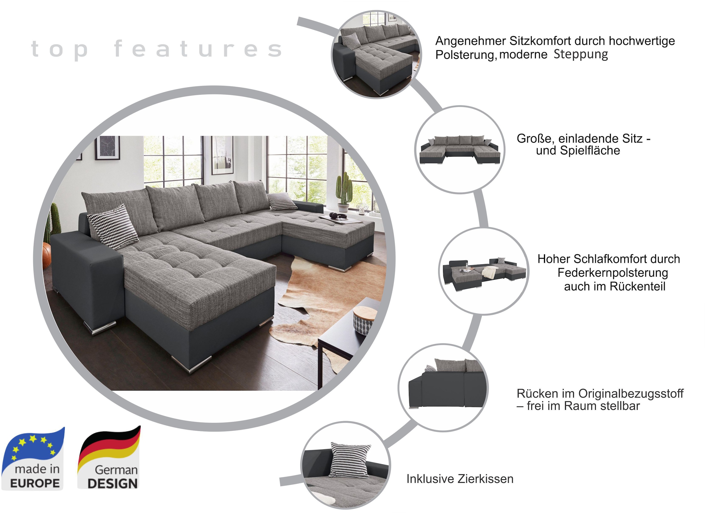 COLLECTION AB Wohnlandschaft Josy, inkl. Bettfunktion, Bettkasten und Zierkissen