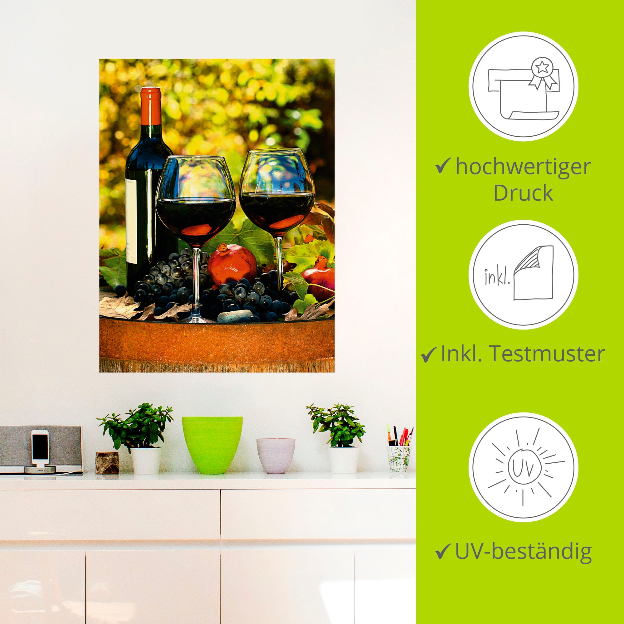 Artland Wandbild »Gläser Rotwein auf altem Fass«, Getränke, (1 St.), als Poster, Wandaufkleber in verschied. Grössen
