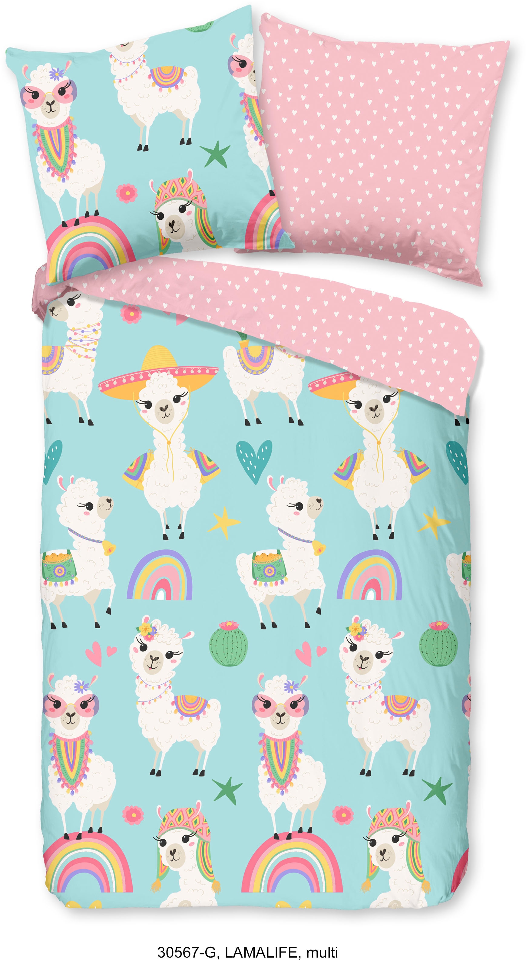 good morning Kinderbettwäsche »Lamalife«, Baumwolle, 135x200, Reissverschluss, Wendeoptik, Kind, Mädchen, Lama