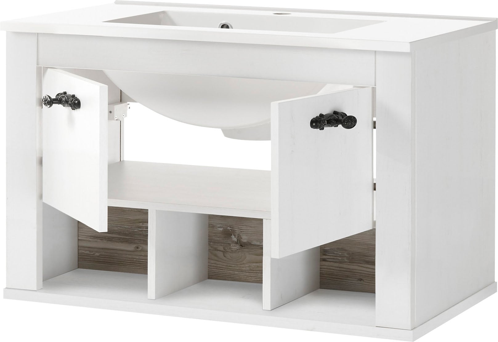 Home affaire Badmöbel-Set »Florenz, Bad im Landhausstil, 4-teiliges Badezimmer«, (4 St.), Hänge-Waschtisch, Schränke und Spiegel, in Pinie Weiss, Stauraum