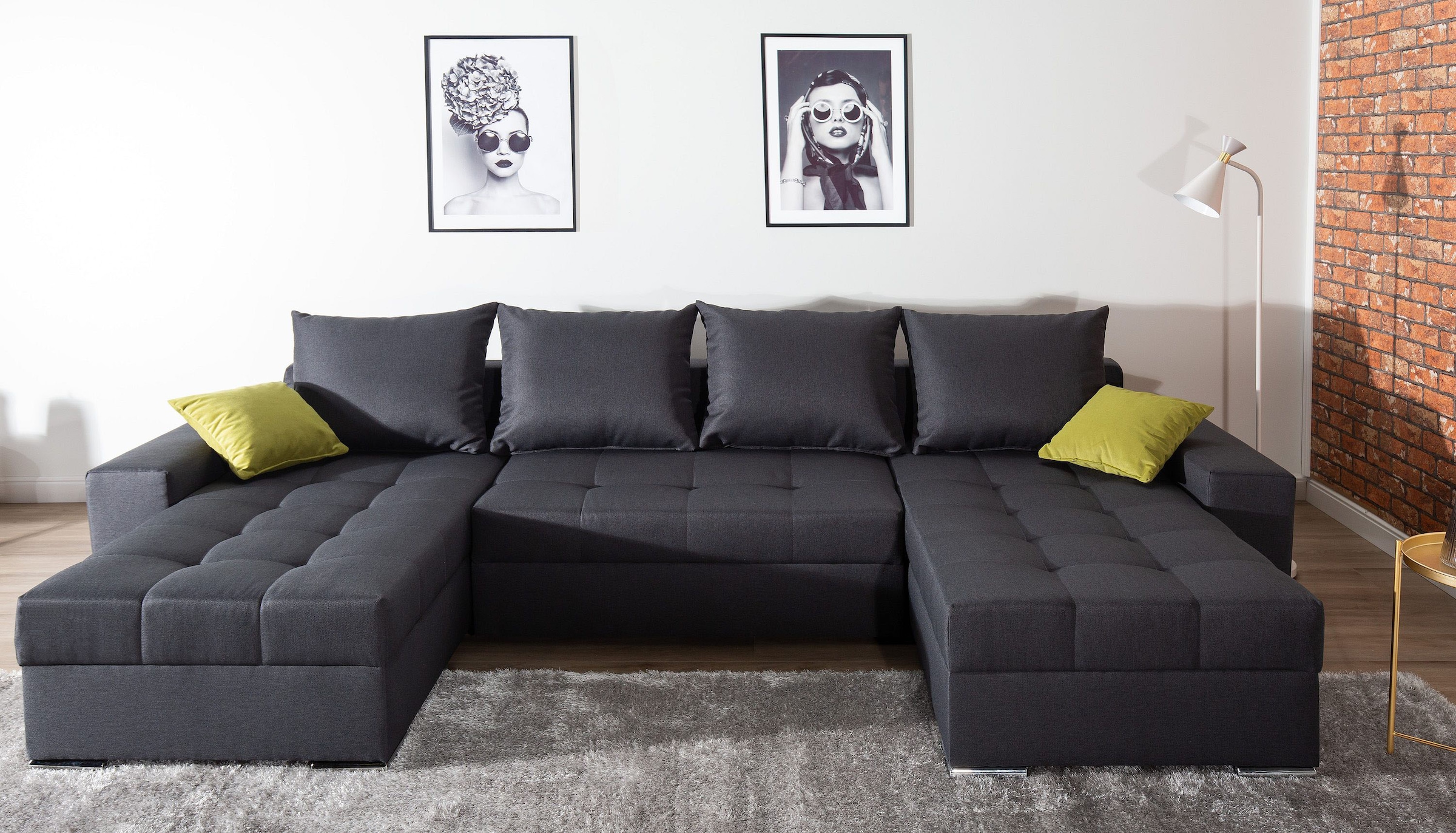 COLLECTION AB Wohnlandschaft »Josy XL U-Form, B: 313 cm in Flachgewebe, Struktur, Kunstleder«, mit Bettfunktion, Bettkasten & 2 Zierkissen, Federkern
