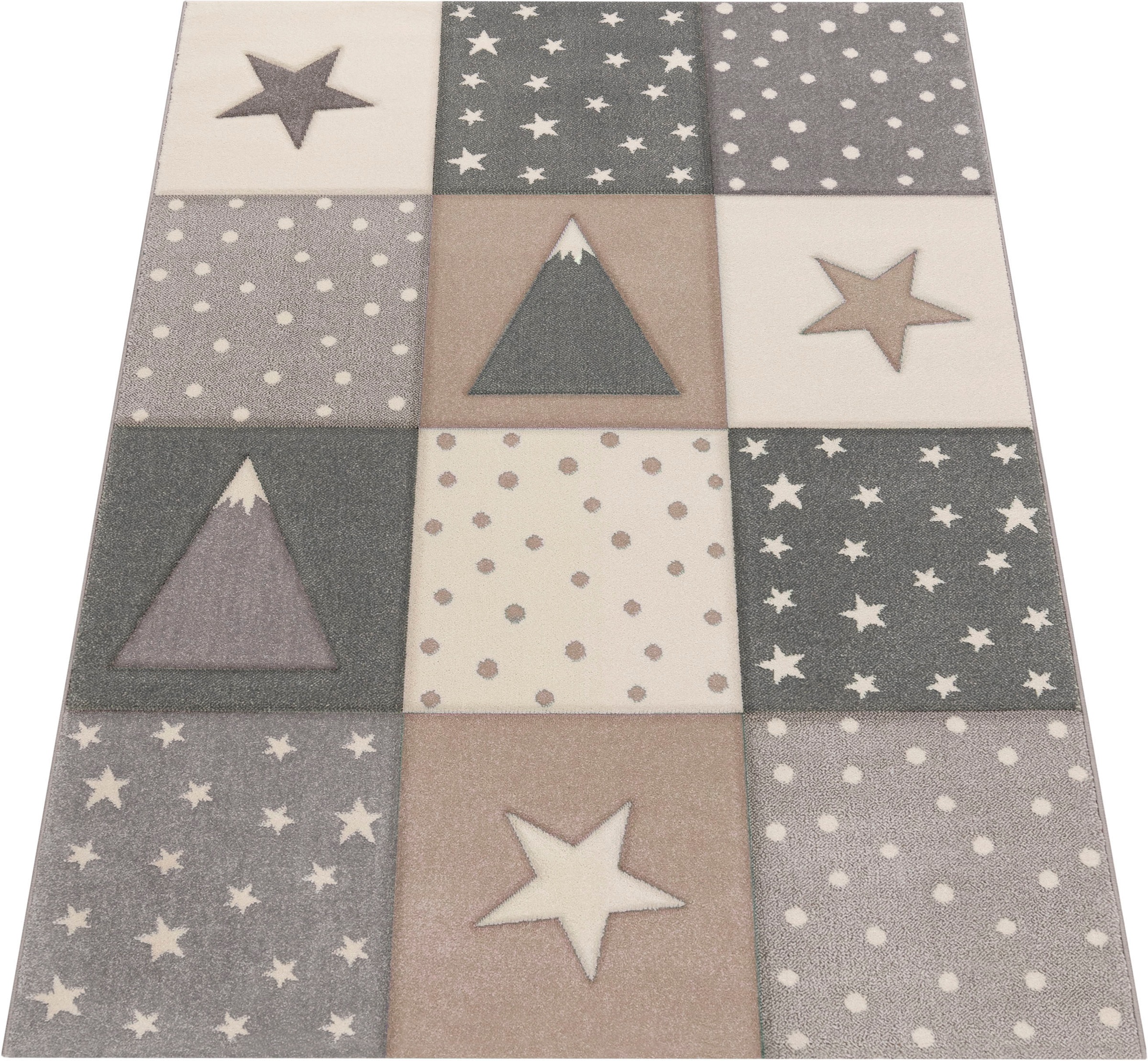 Paco Home Kinderteppich »Cosmo 340«, rechteckig, 17 mm Höhe, Kurzflor, Pastell-Farben, 3D Effekt, Motiv Berge, Punkte & Sterne