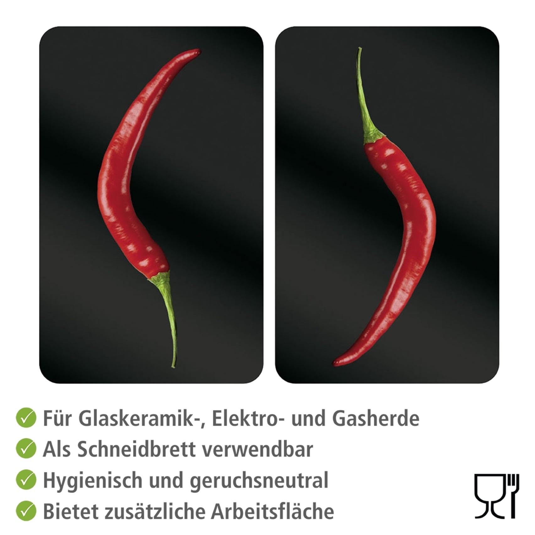 WENKO Herd-Abdeckplatte »Universal Modell Hot Peperoni«, (Set, 2 tlg.), Herdabdeckung für alle Herdarten, kratzfest, mit rutschfesten Füssen