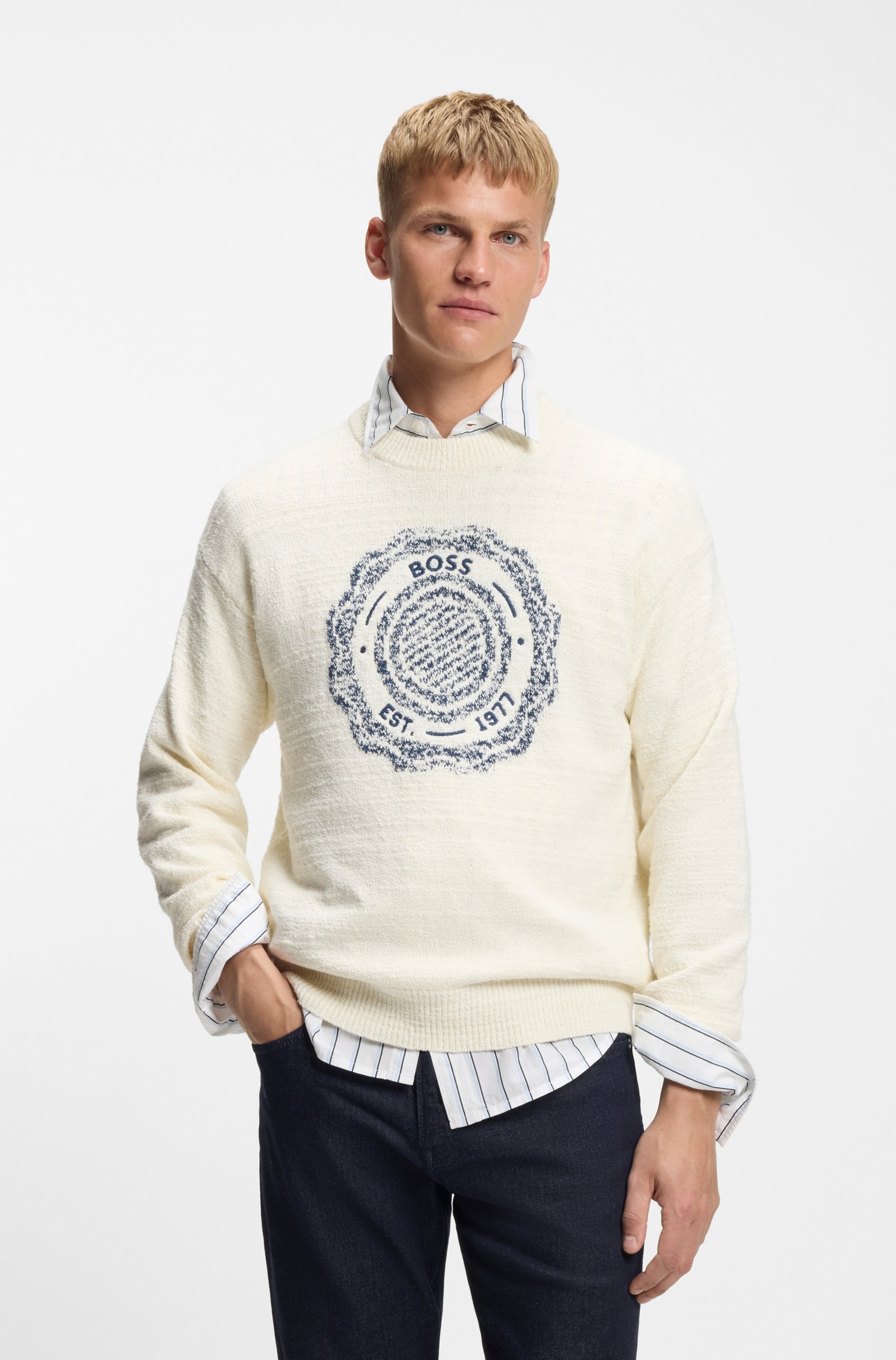 BOSS ORANGE Strickpullover "Kerbert" Regular Fit, Rundhalsausschnitt, BOSS-Logo