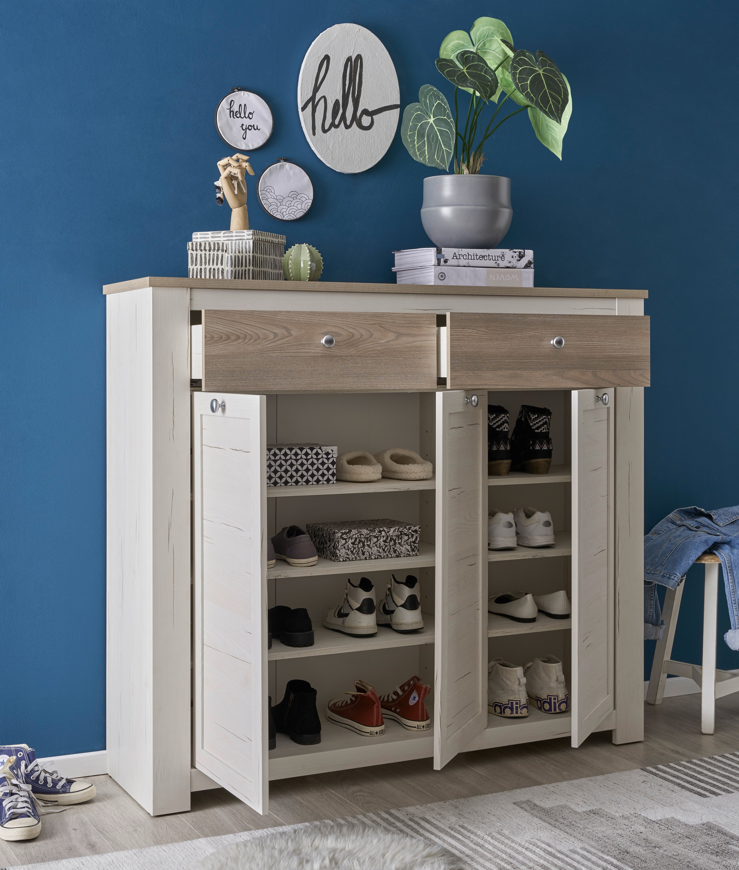 HBZ Schuhschrank »Brixen im Landhaustil, BxHxT 137x121x38 cm«, (1 St.), Schuhkommode mit 3 Türen, 2 Schubkästen, 3 Einlegeböden