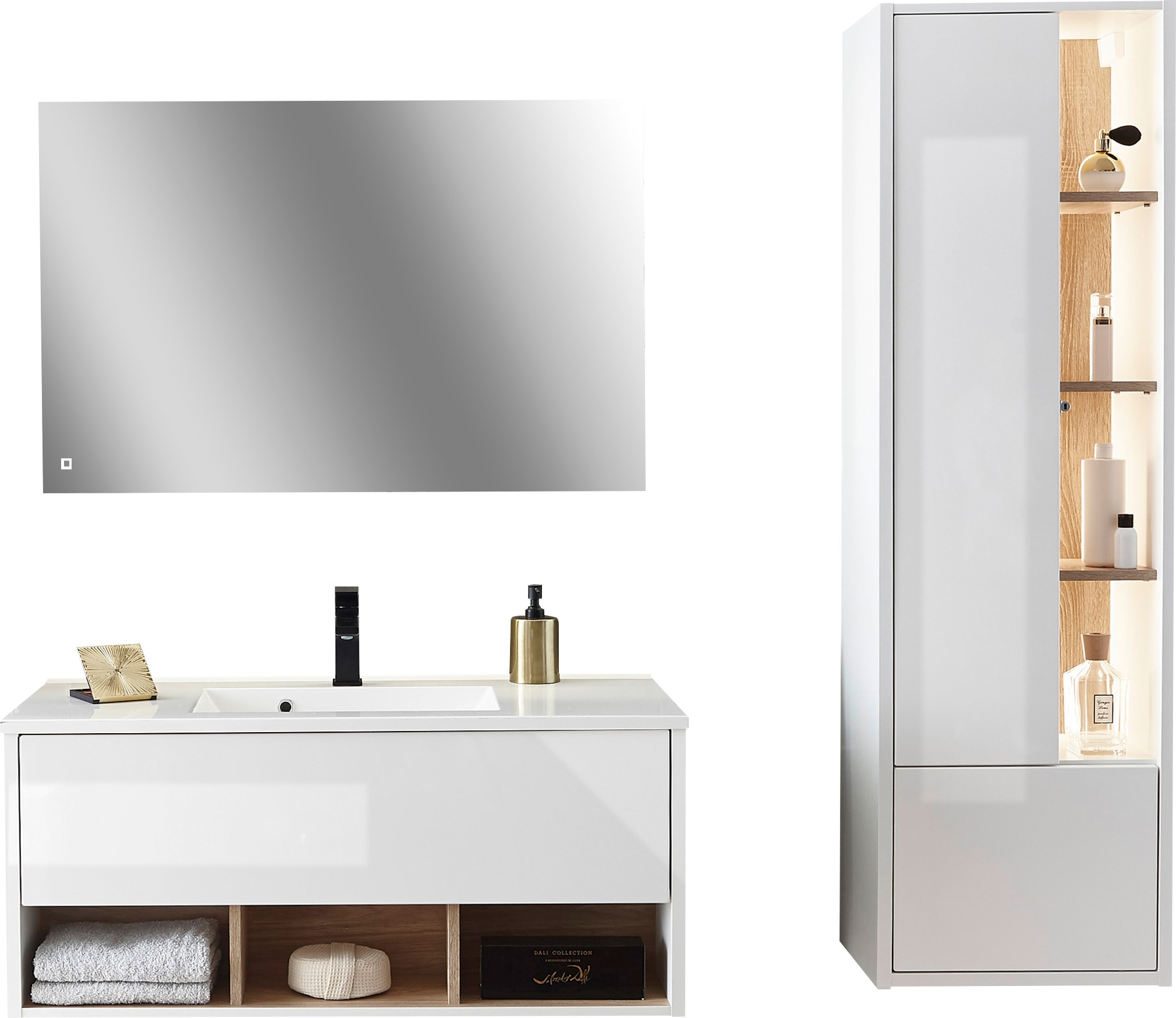 Places of Style Badmöbel-Set »Studio Line, Bad im modernen Design, 3-teiliges Badezimmer«, (3 St.), Schrank, Waschtisch und Spiegel, in zwei Farben verfügbar, Stauraum