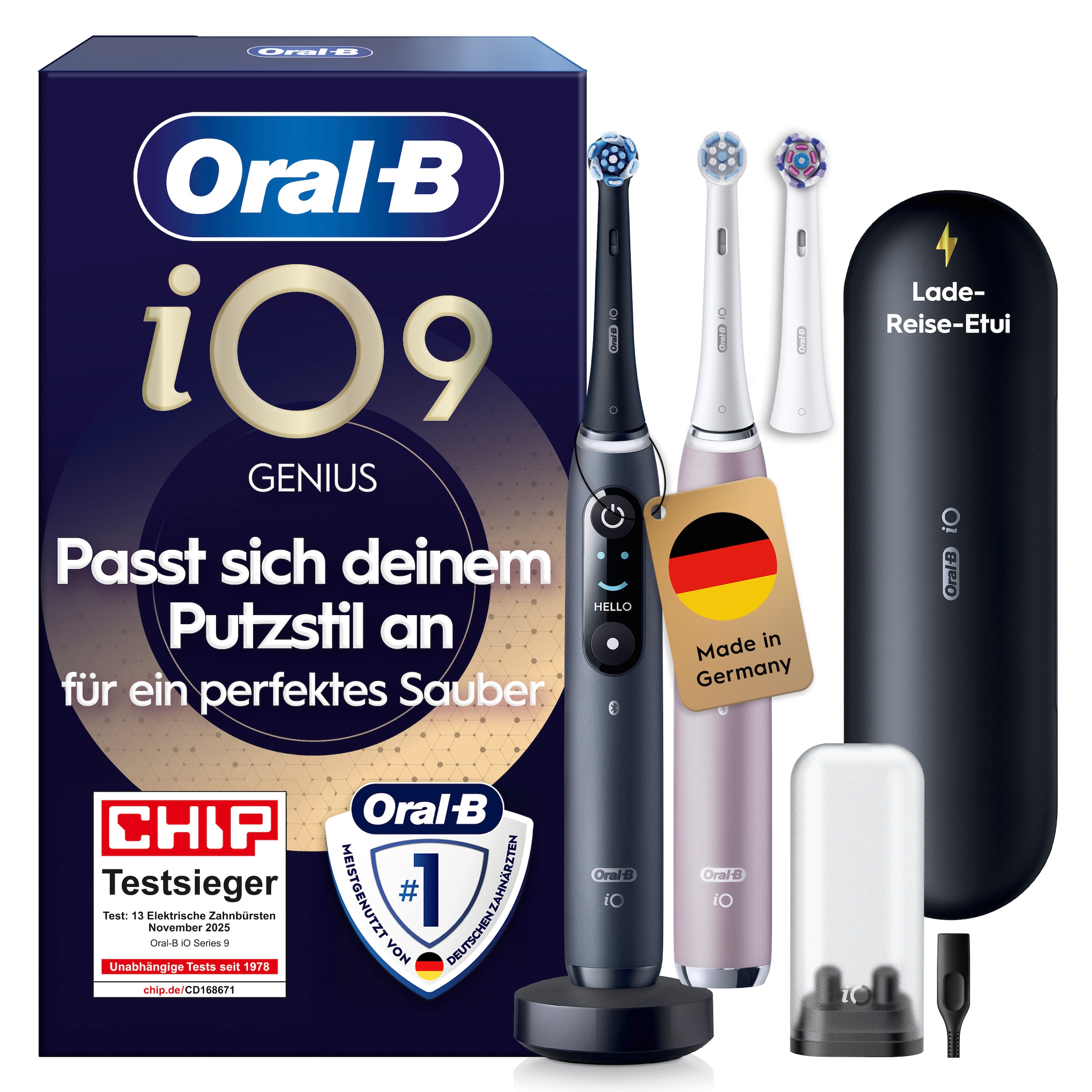 Oral-B Elektrische Zahnbürste "iO 9 Duopack" 3 Stk. Aufsteckbürsten mit Magnet-Technologie, 7 Putzmodi, Farbdisplay & Lade-Reiseetui