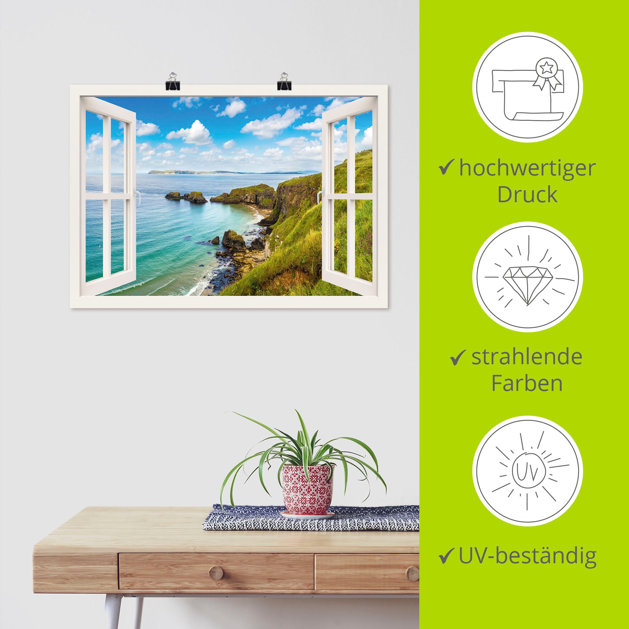 Artland Wandbild »Küstenweg in Nordirland durchs Fenster«, Meer Bilder, (1 St.), als Leinwandbild, Wandaufkleber oder Poster in versch. Grössen