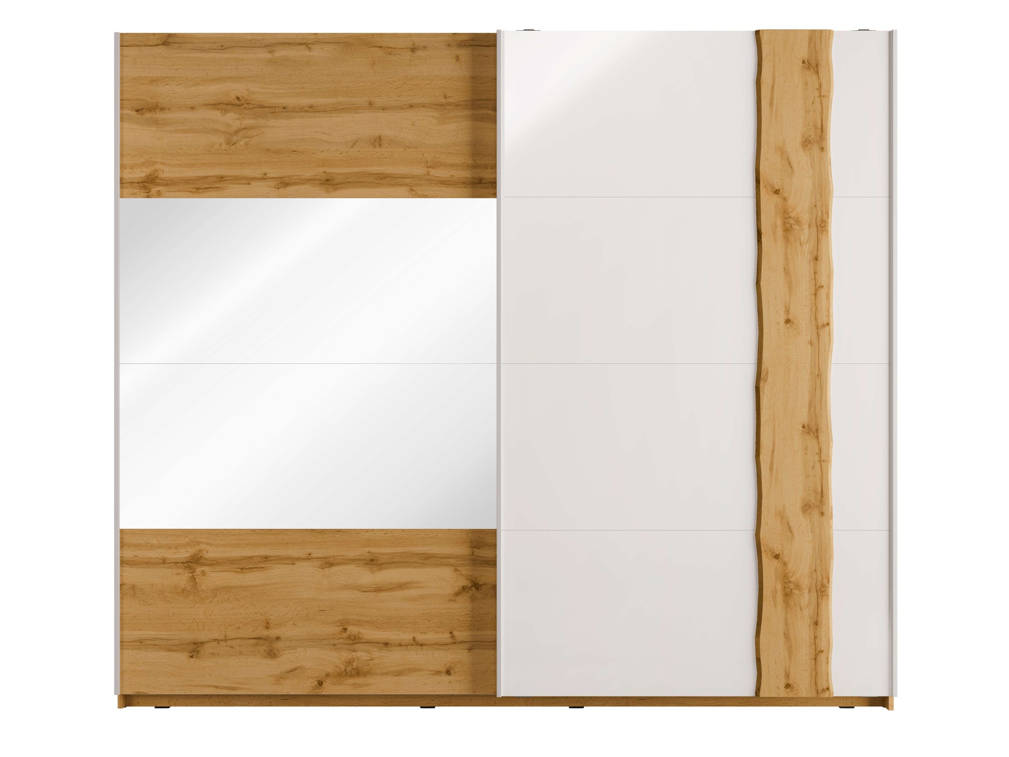 OTTO home Schwebetürenschrank "Fabellaa, Weiß Hochglanz mit Eiche Dekor, mit Spiegel, 2 Schwebetüren" BxHxT 250x218x66,5 cm, mit 8 Einlegeböden, 2 Metallkleiderstangen, maximaler Stauraum