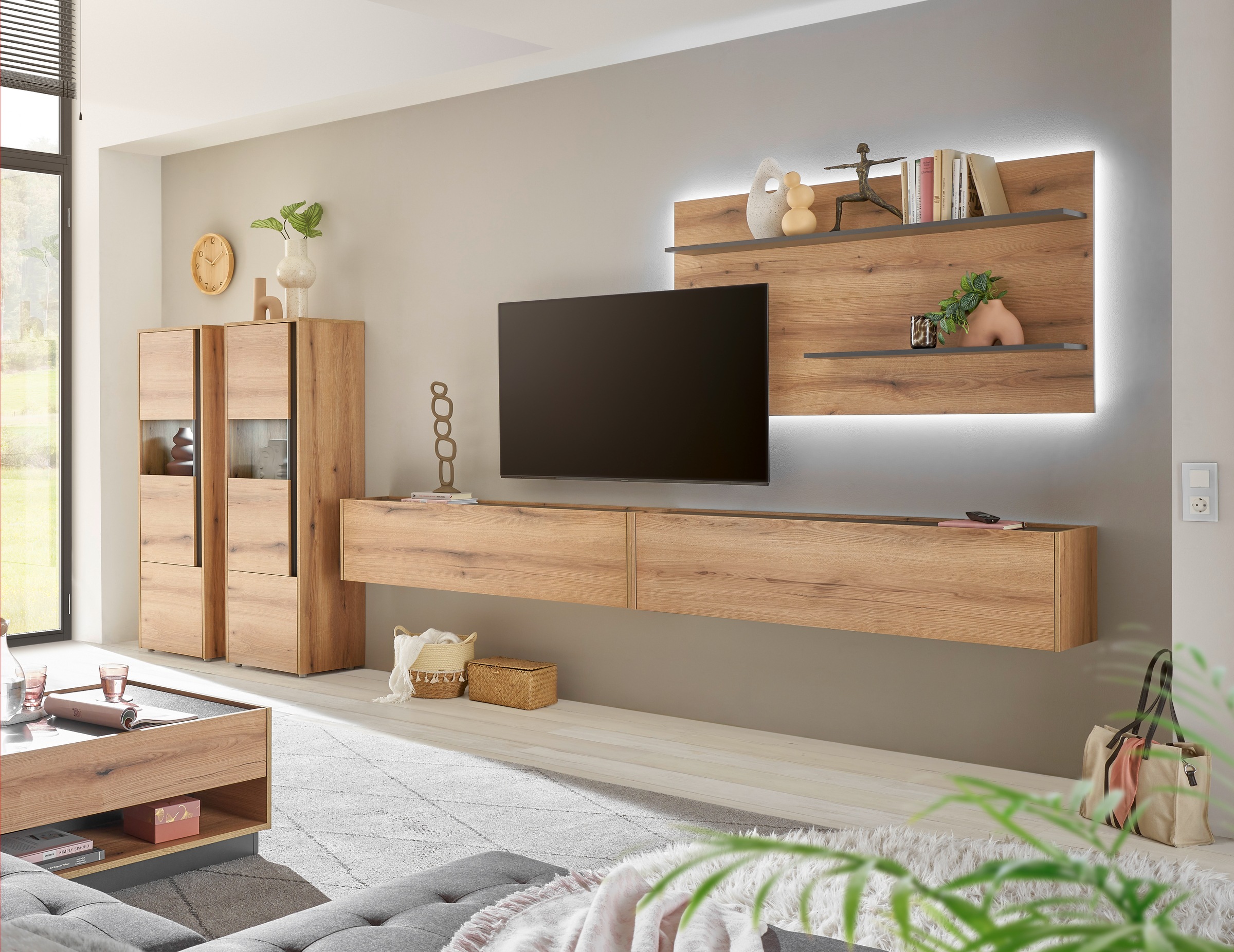 INOSIGN Wohnwand »City/Giron, moderne Anbauwand, Komplettset in vielen Farben verfügbar«, (Set, 5 St.), enthält zwei Vitrinen, zwei Hängeschränke & ein Wandboard