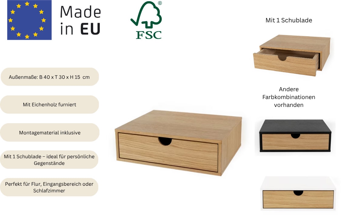 Woodman Nachttisch »Farsta, Beistelltisch, Ablage mit Schublade«, Holzfurnier aus Eiche, Breite 40 cm, Wandmontage, FSC®