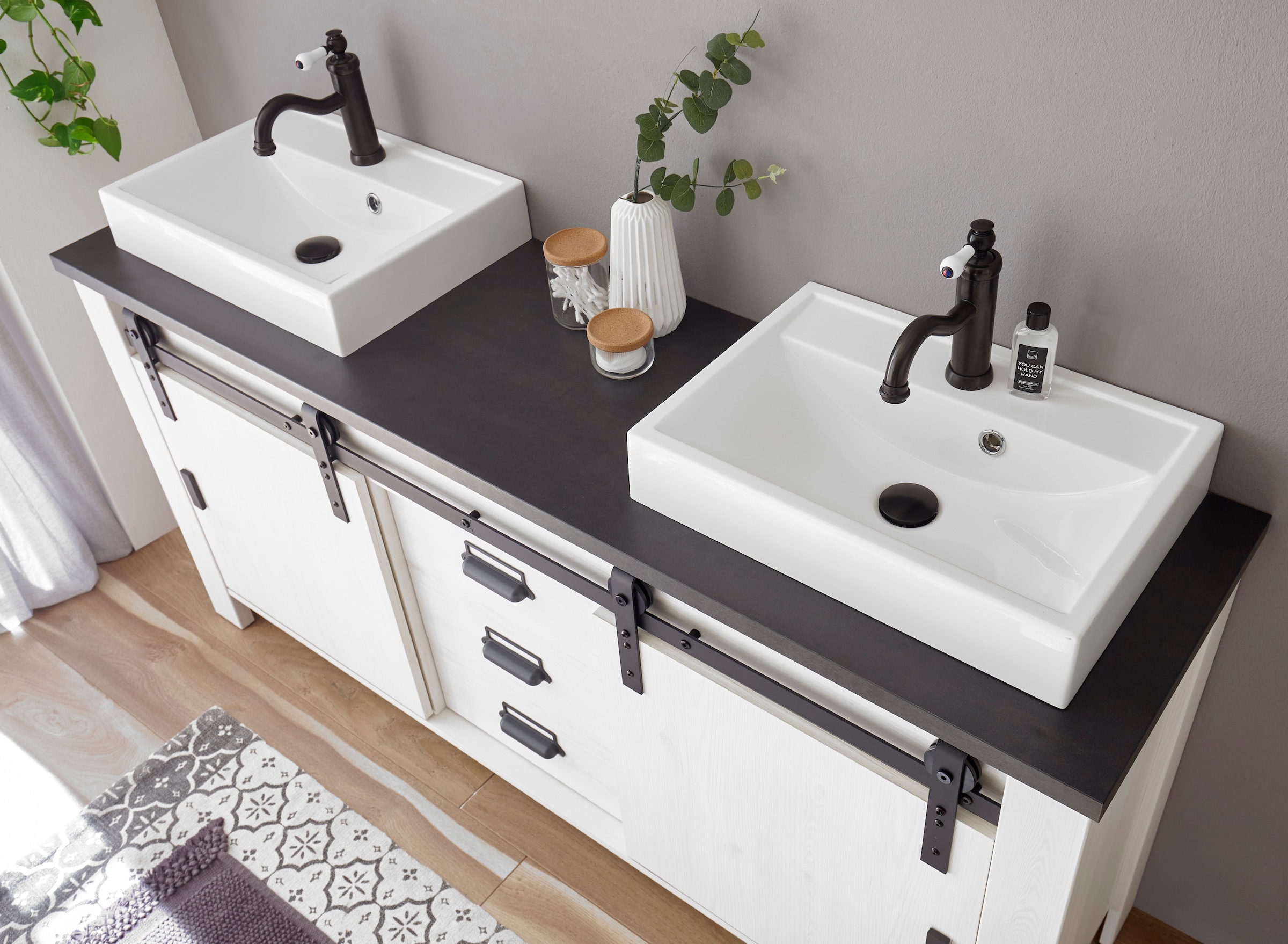 Home affaire Waschtisch »SHERWOOD«, Holz, Scheunentorbeschlag und Apothekergriffe aus Metall, Höhe 91 cm