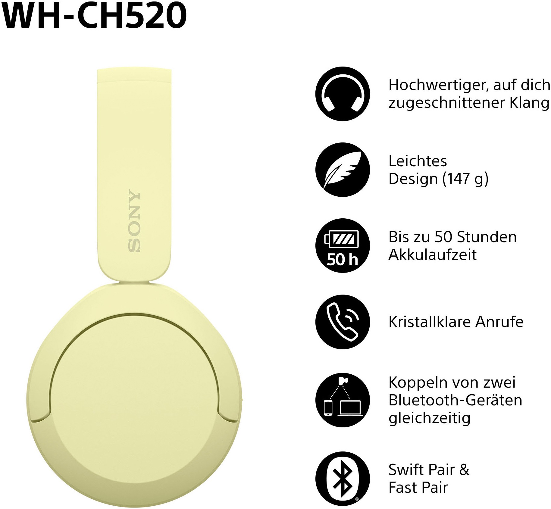 Sony Bluetooth-Kopfhörer »WHCH520«, Bluetooth, Freisprechfunktion-Rauschunterdrückung-Sprachsteuerung-kompatibel mit Siri, 200 Std. Max. Akkulaufzeit (Standby)