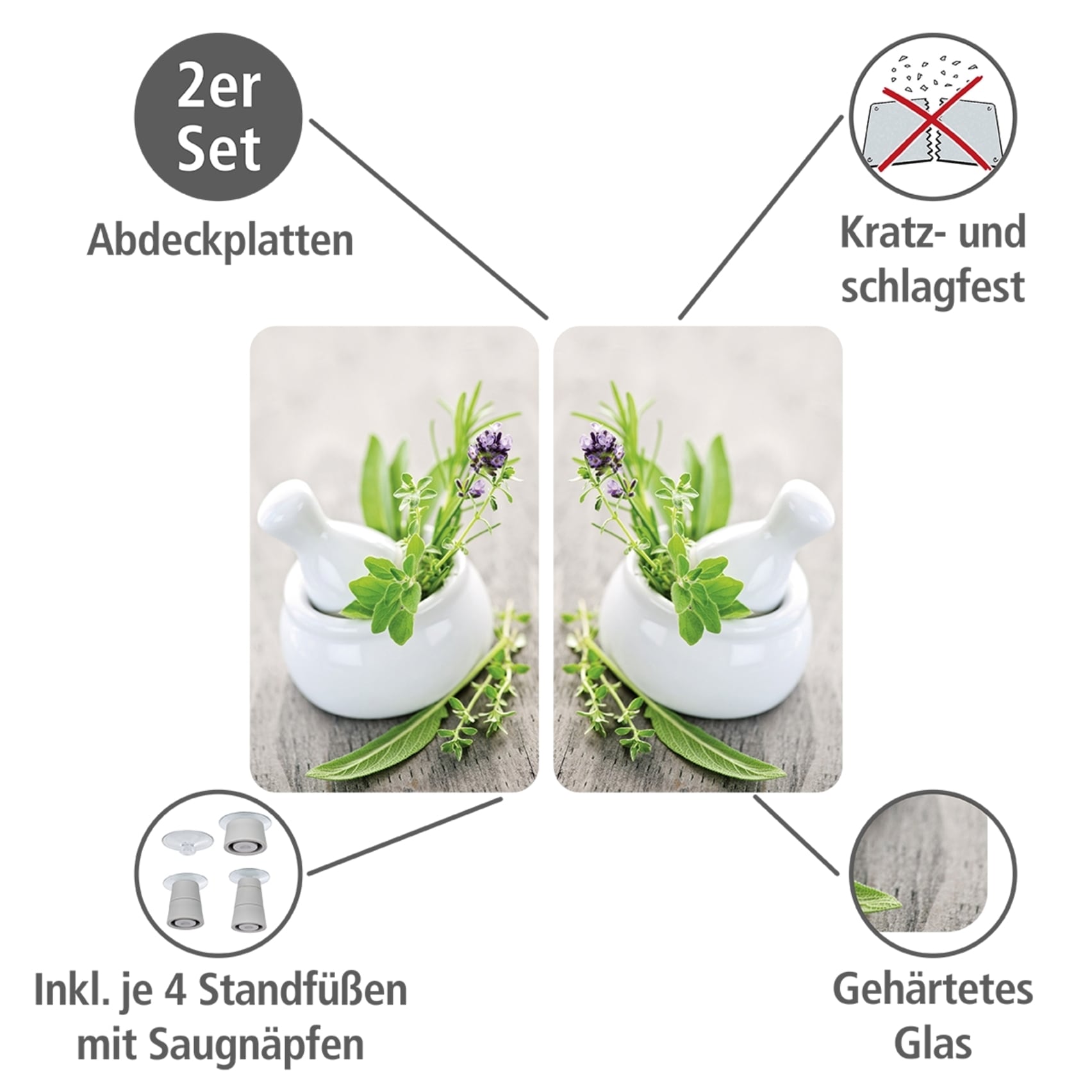 WENKO Herd-Abdeckplatte »Universal Modell Kräutergarten«, (Set, 2 tlg.), Herdabdeckung für alle Herdarten, kratzfest, mit rutschfesten Füssen