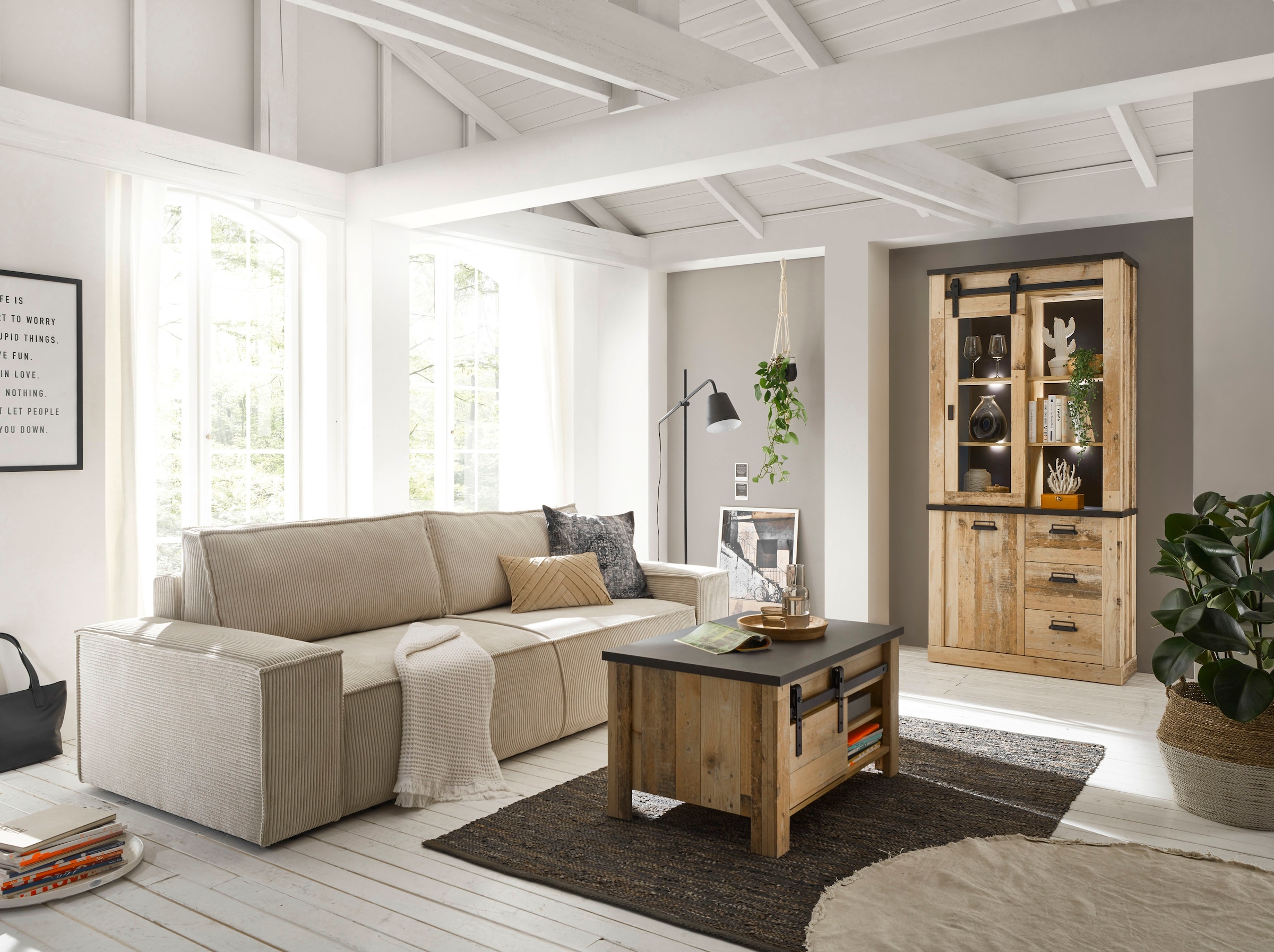 Home affaire 3-Sitzer »SHERWOOD Schlafsofa (257cm) Cord, Samtvelours, Vintage-Lederoptik«, Schlaffunktion mit Bettkasten (ca. 136/200cm)