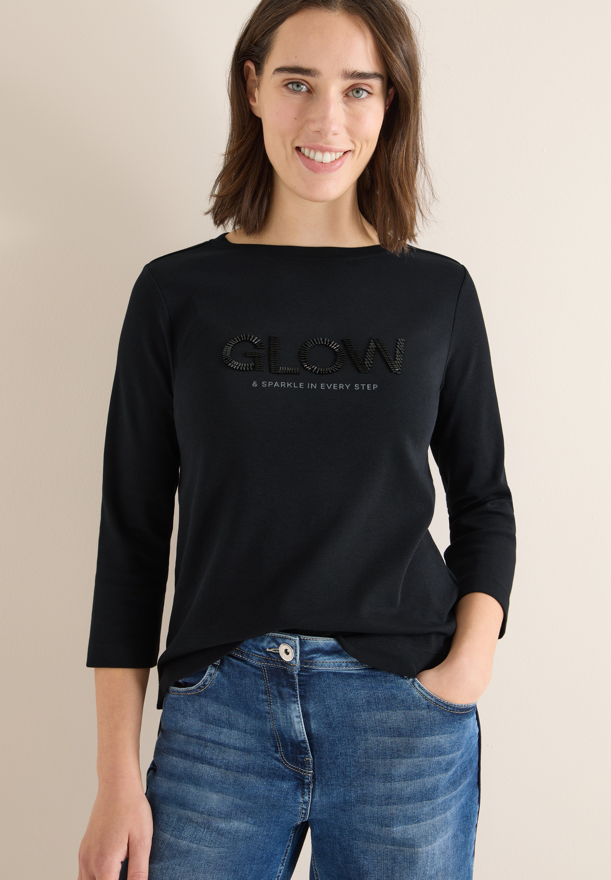 Cecil 3/4-Arm-Shirt mit schimmerndem Wording