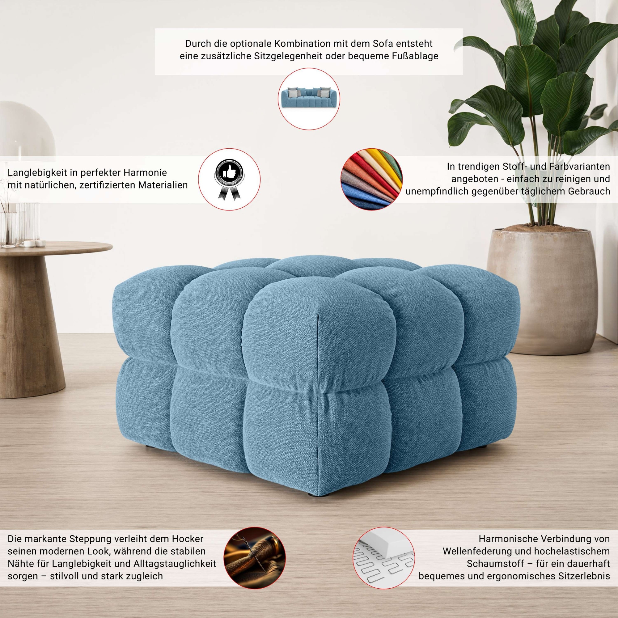 s.Oliver Polsterhocker »COBBO Sitzhocker Bubble-Optik, Masse B/T/H: 80/80/48 cm«, passend zum Sofa, moderne Steppung und hoher Sitzkomfort