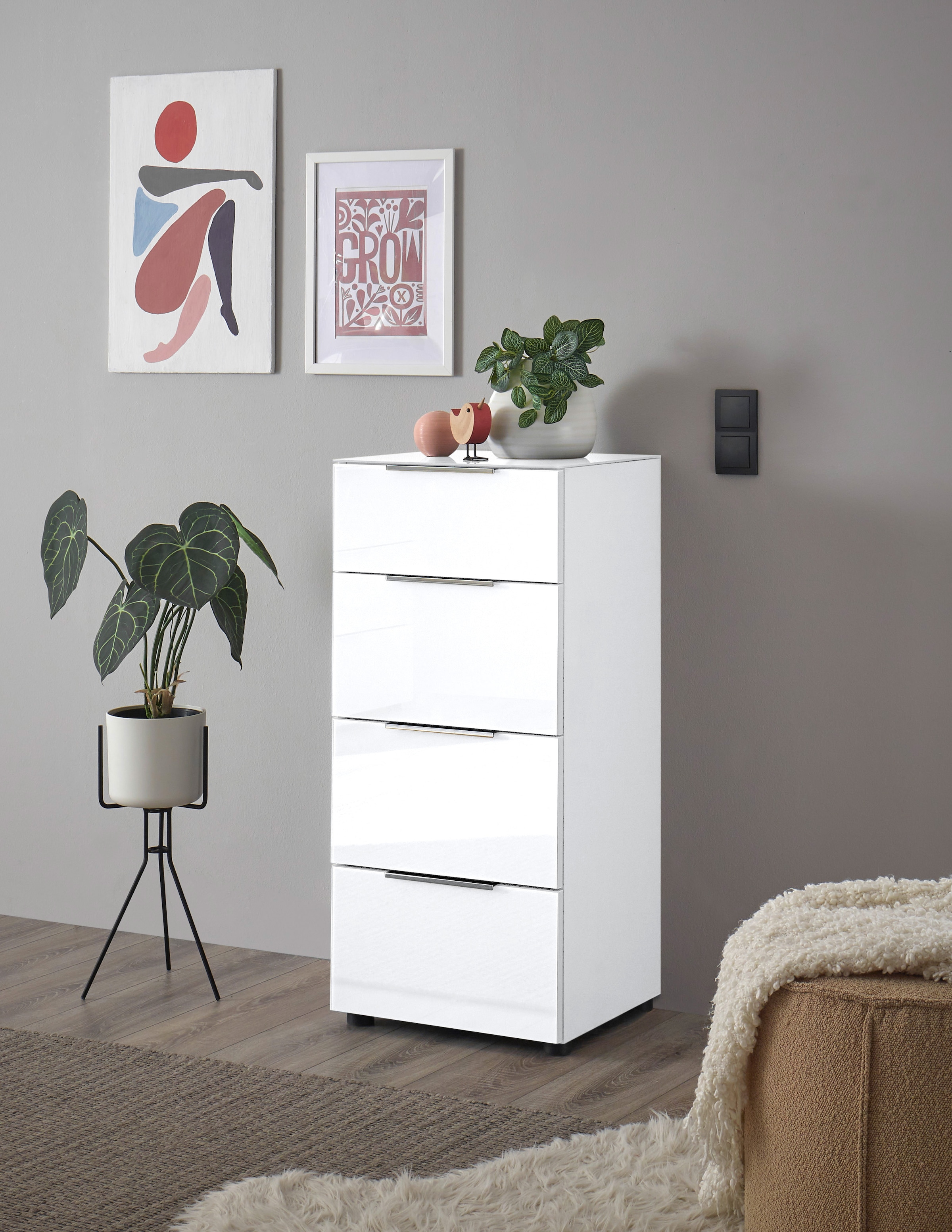 HBZ Kommode »Santorin Mehrzweckschrank mit Schubkästen, BxHxT 45x99x40 cm«, (1 St.), Mit 4 Schubkästen mit Softclose, Glasfront und Glasoberboden