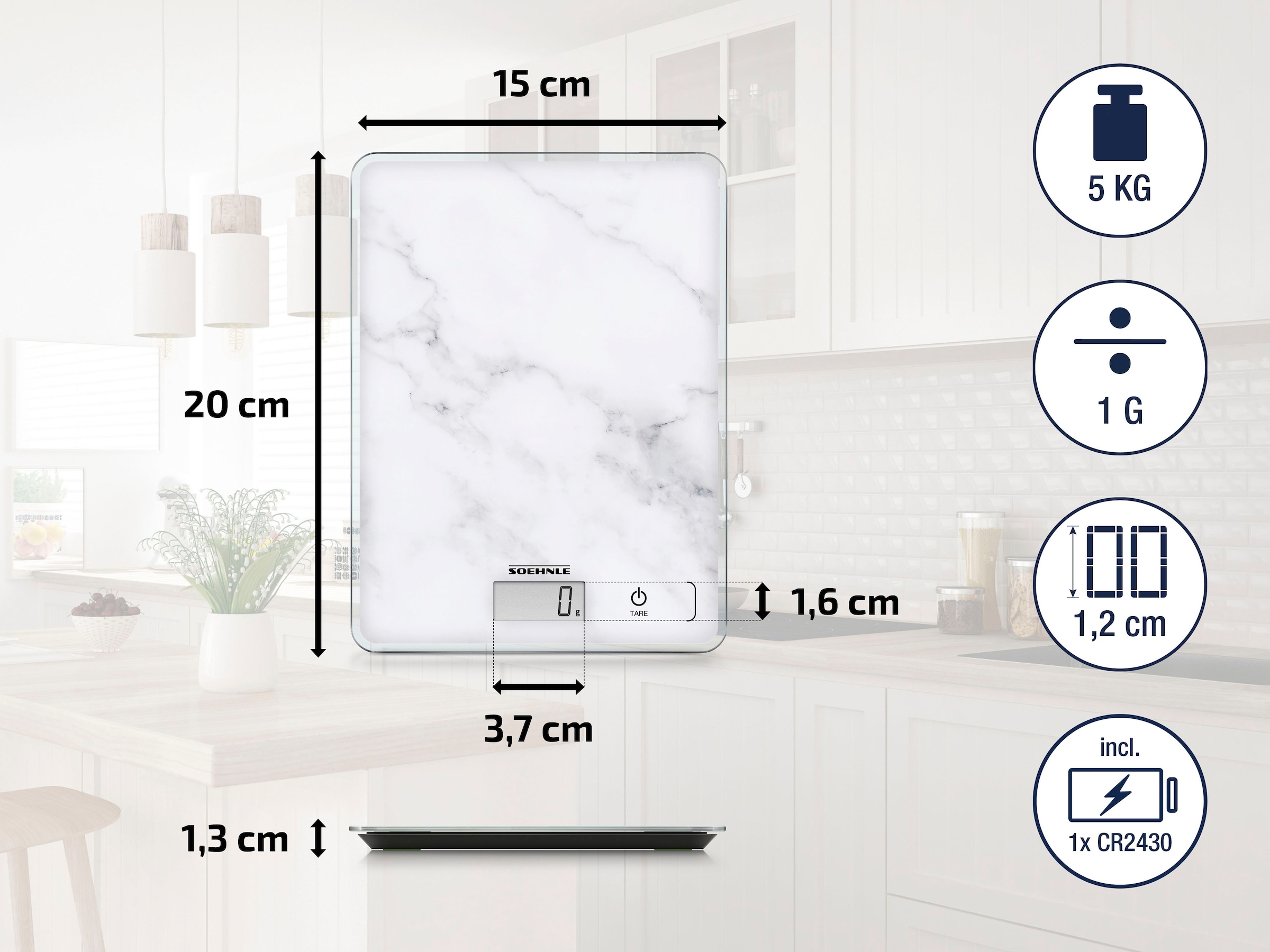 Soehnle Küchenwaage »Page Compact 300 Marble«, Tragkraft 5 kg, 1 g genaue Teilung