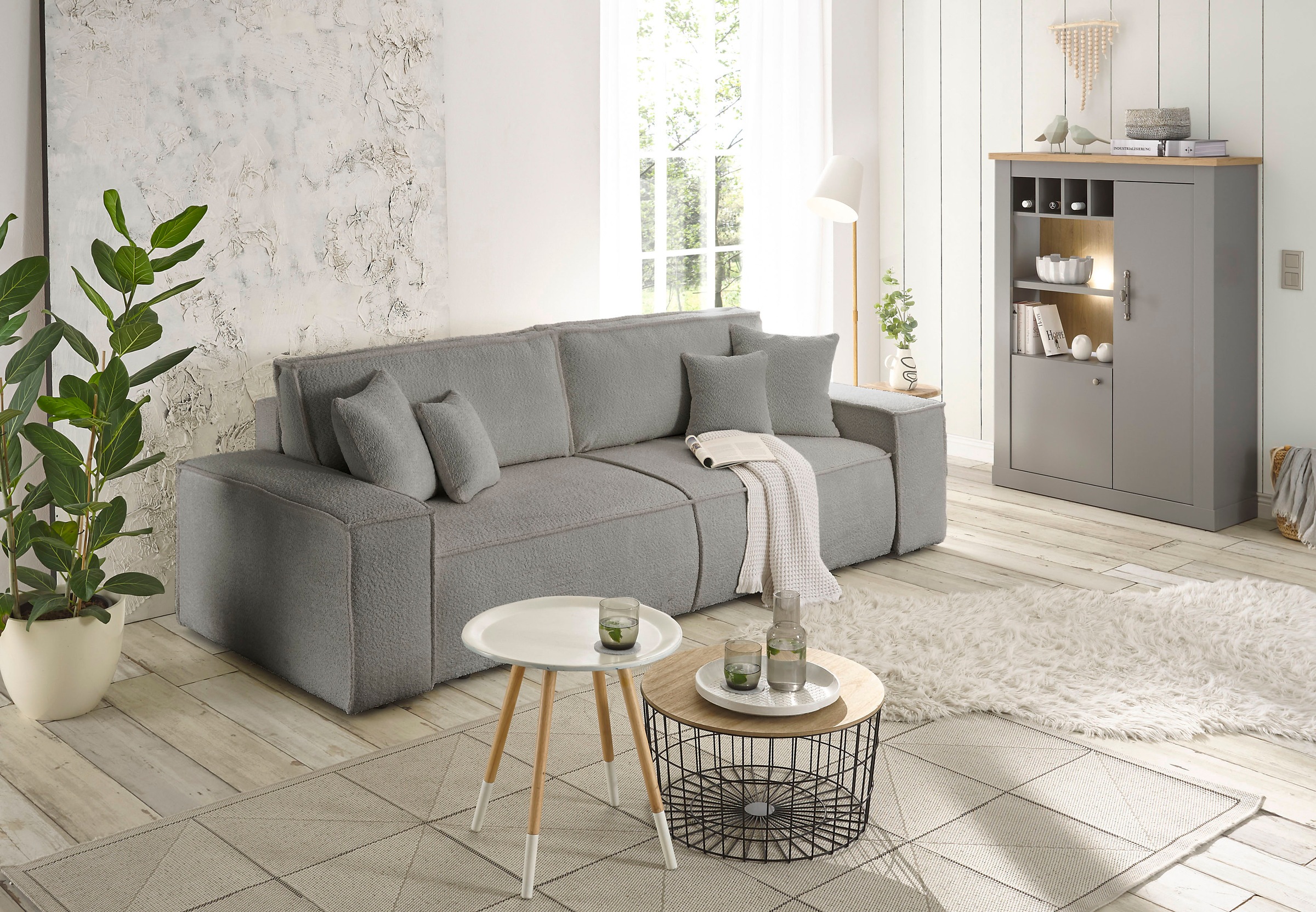andas 3-Sitzer »FINNLEY Schlafsofa 257 cm, Schlaffunktion mit Bettkasten (200/136cm)«, in Aqua Clean-Bouclé, Struktur fein u. Cord