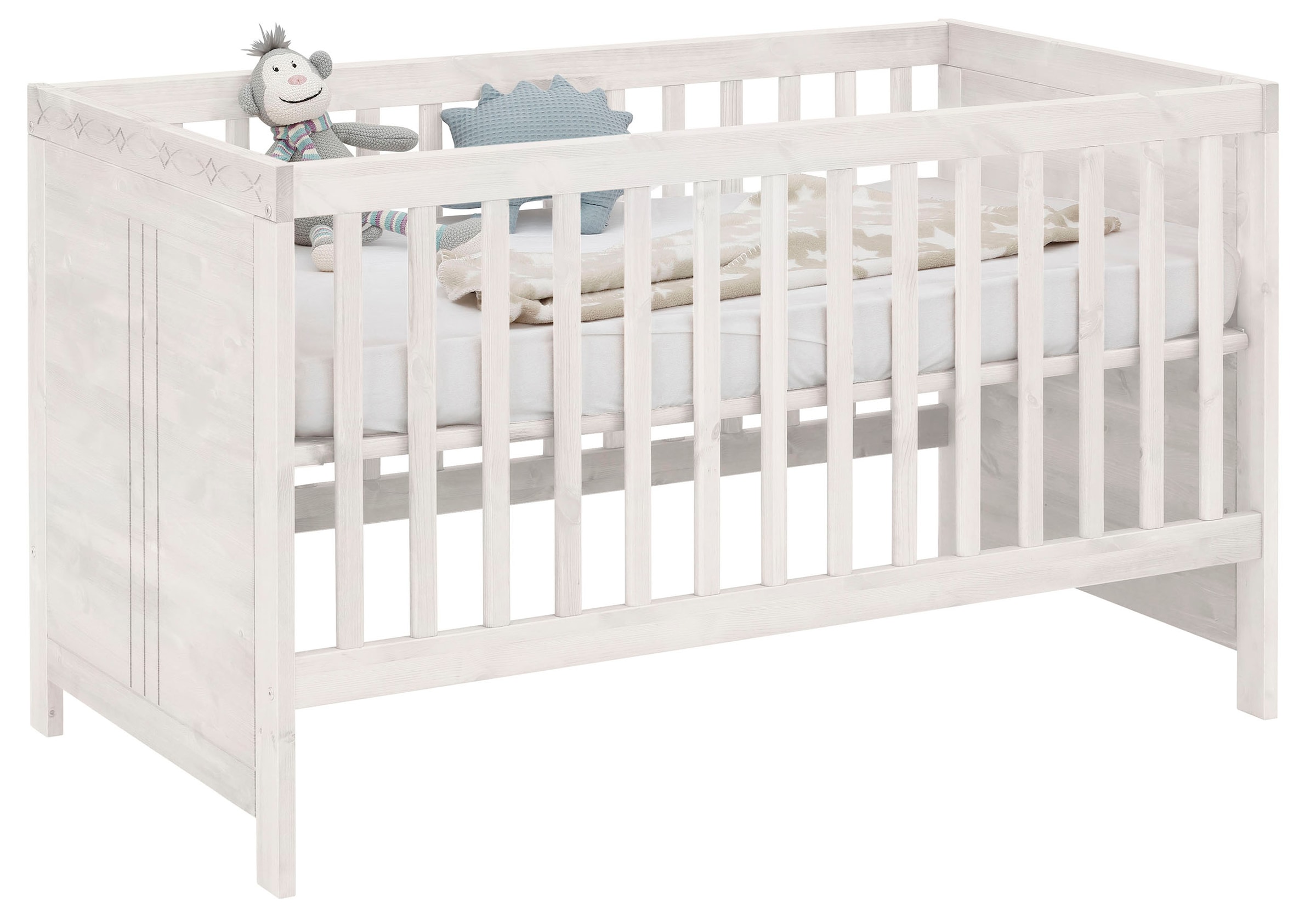 Lüttenhütt Babybett »Indra, Schlupfsprossen, 4-fach verstellbare Liegehöhe,«, FSC® zertifiziertes Massivholz, Landhausstil mit tollen Details