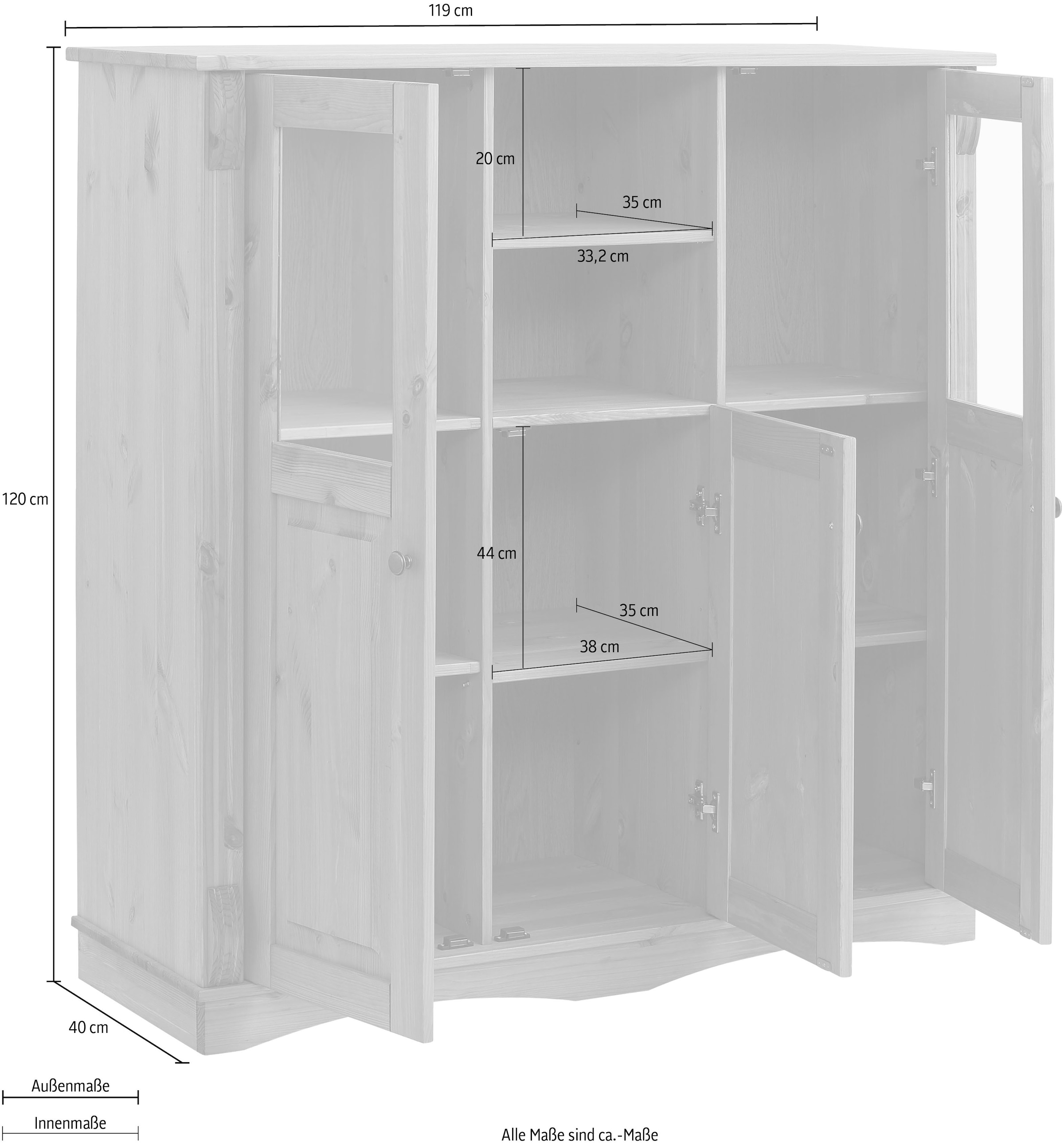 Home affaire Highboard »Teresa«, (Masse (B/T/H): 119/40/120 cm), Vitrine, Türen mit Glaseinsätzen, aus massiver Kiefer, FSC®