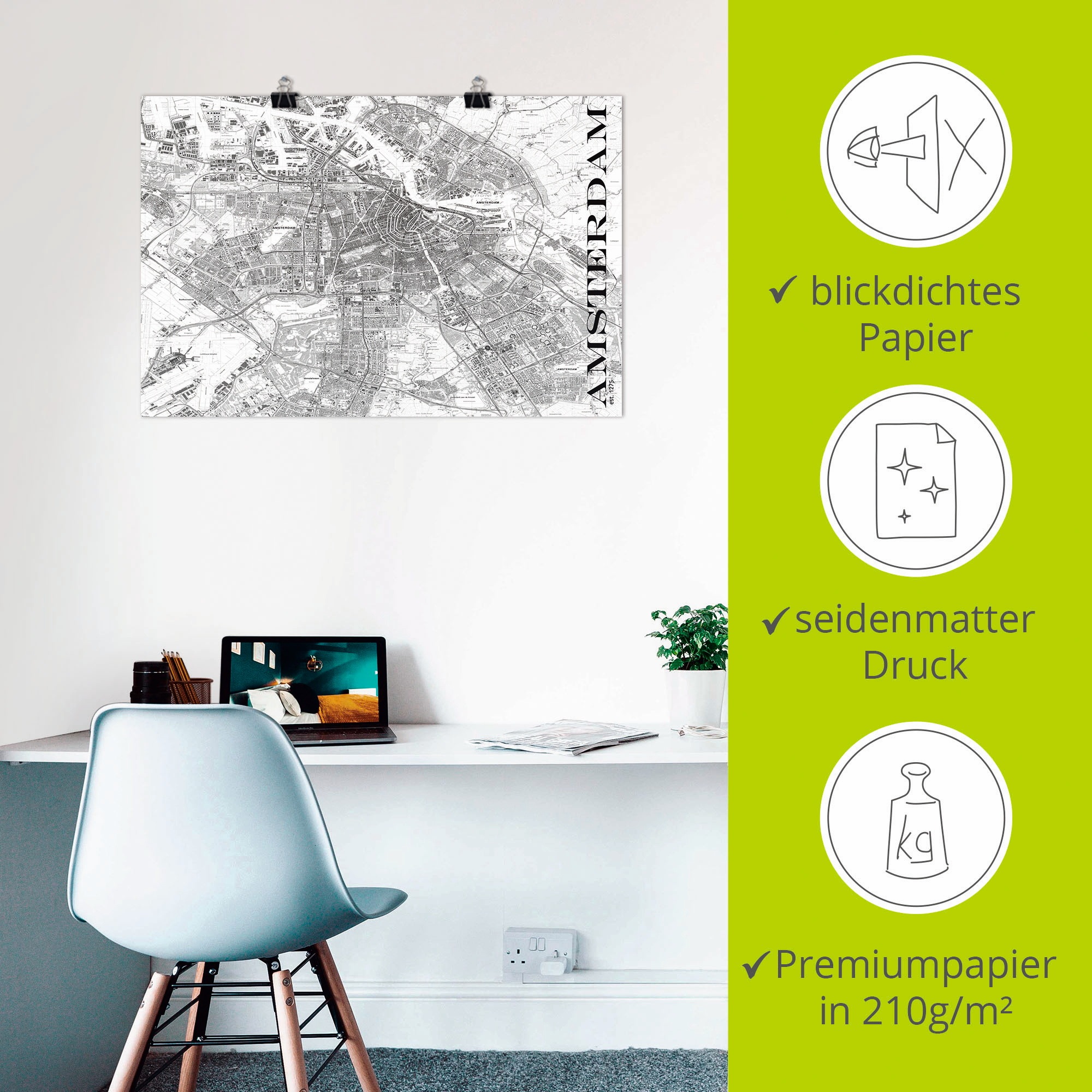 Artland Poster »Amsterdam Karte Strassen Karte«, Niederlande, (1 St.), als Alubild, Leinwandbild, Wandaufkleber oder Poster in versch. Grössen