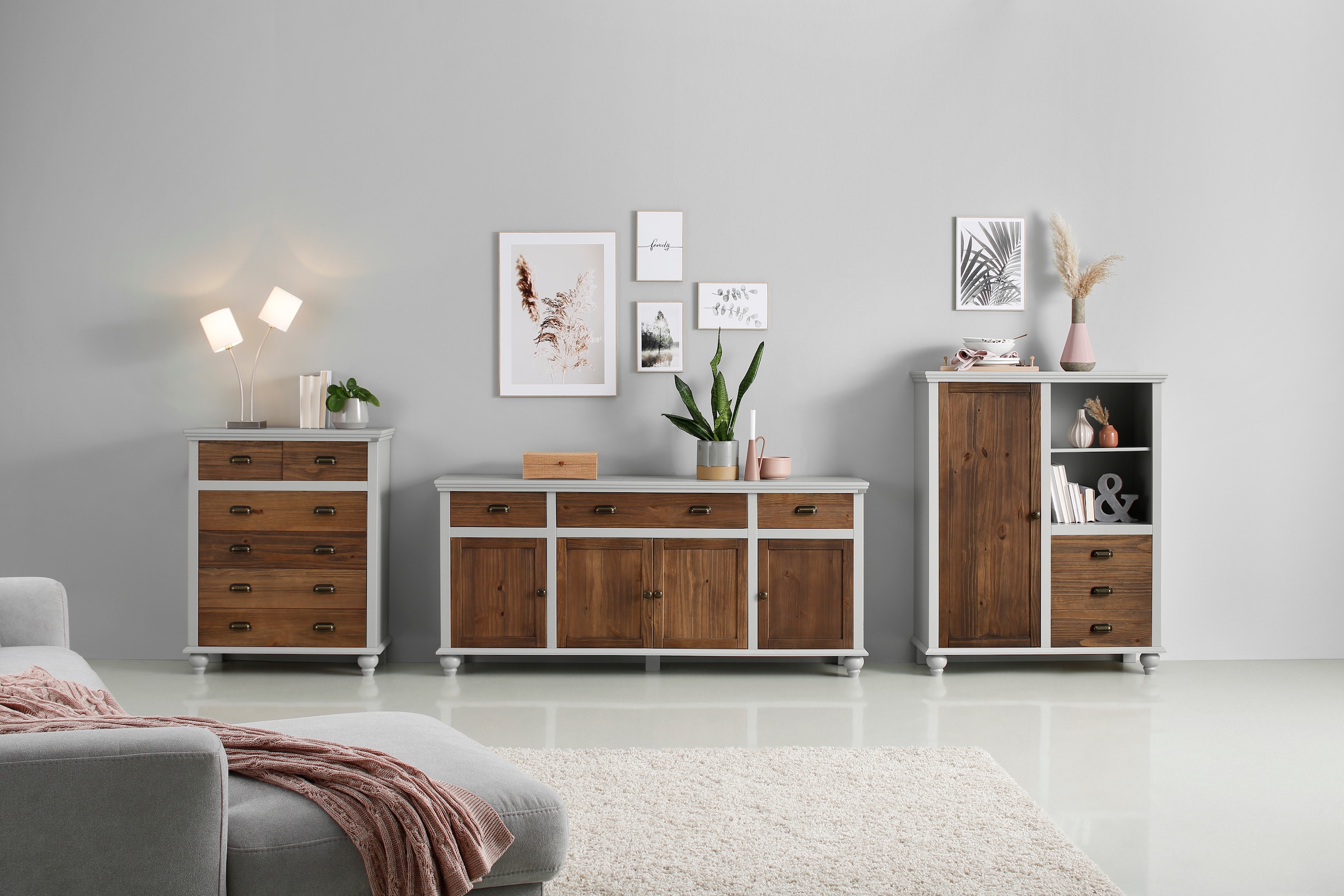 Home affaire Kommode »Borey«, (1 St.), 2 kleine und 4 grosse Schubkästen, Massivholz, Höhe 100cm, Breite 80cm