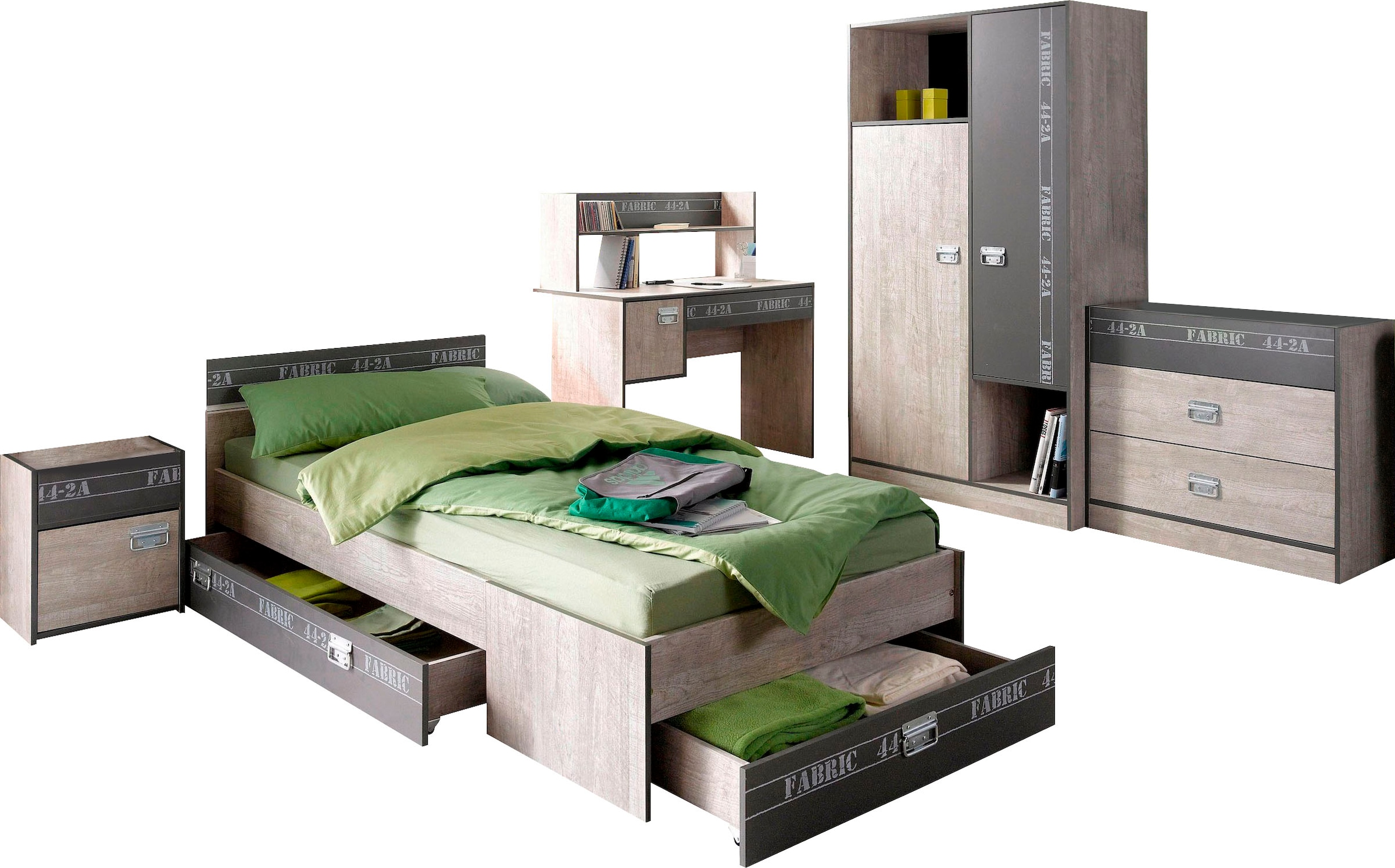 St., 4 Shop Nachttisch), Parisot Aufbauservice mit im kaufen Jelmoli-Online Jugendzimmer-Set ❤ »Fabric«, wahlweise Bettschubkasten, Kleiderschrank, (Set, Bett,