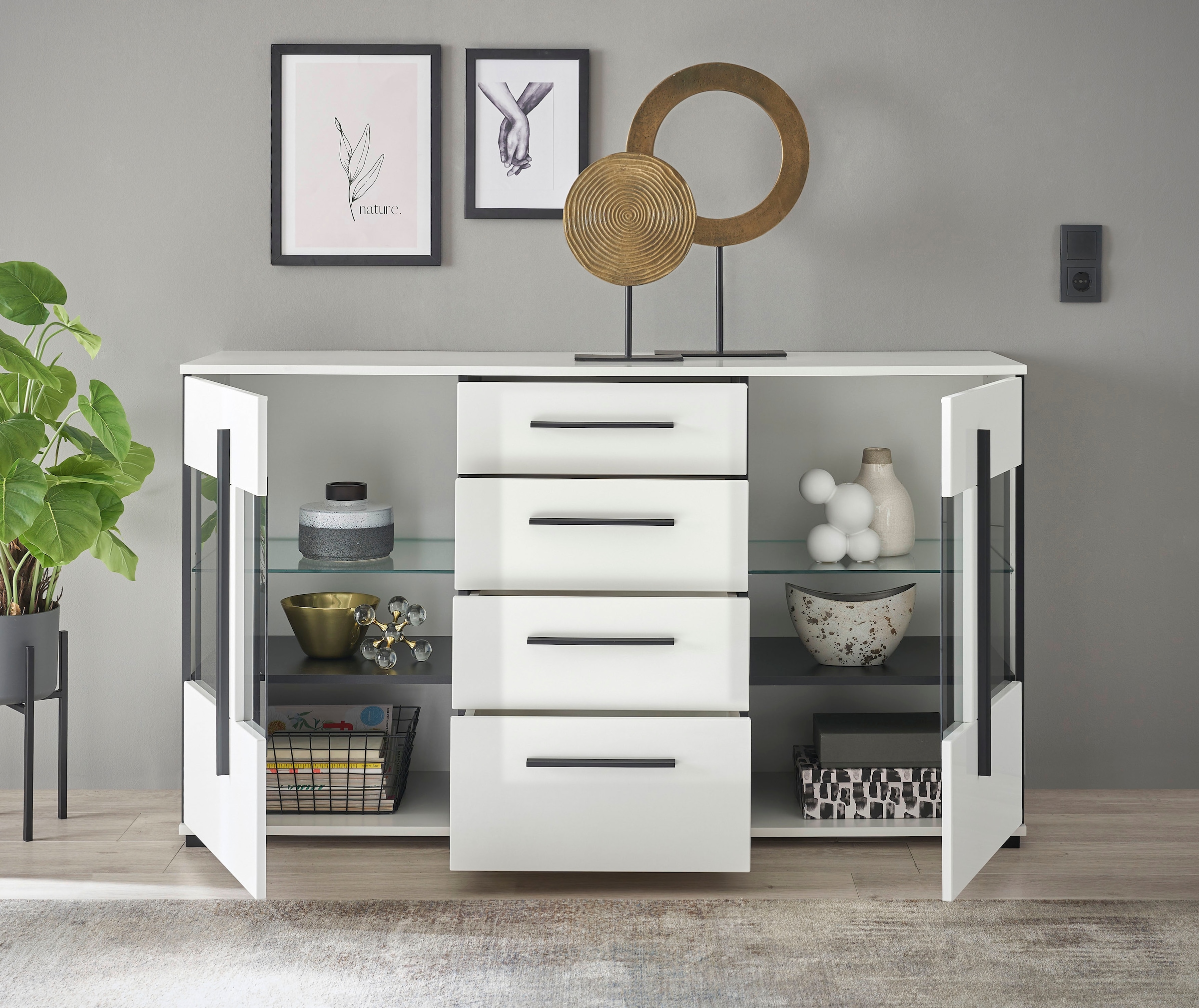 INOSIGN Sideboard »Cantara, moderner Schrank, Kommode in Eiche Evoke oder weiss«, schwarze Stangengriffe, ausreichend Stauraum, vielseitig einsetzbar