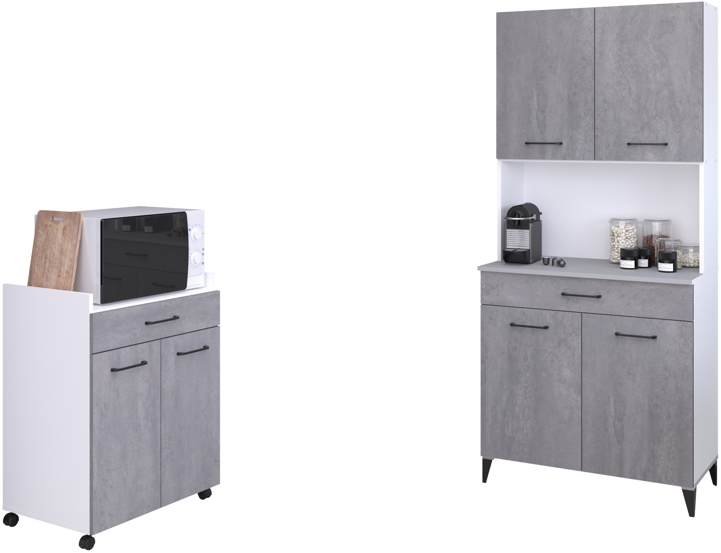 Parisot, Mehrzweckschrank-Set Buffetschrank und Beistellschrank auf Rollen, 2 Stk. tlg., beton optik, weiß, Spanplatte