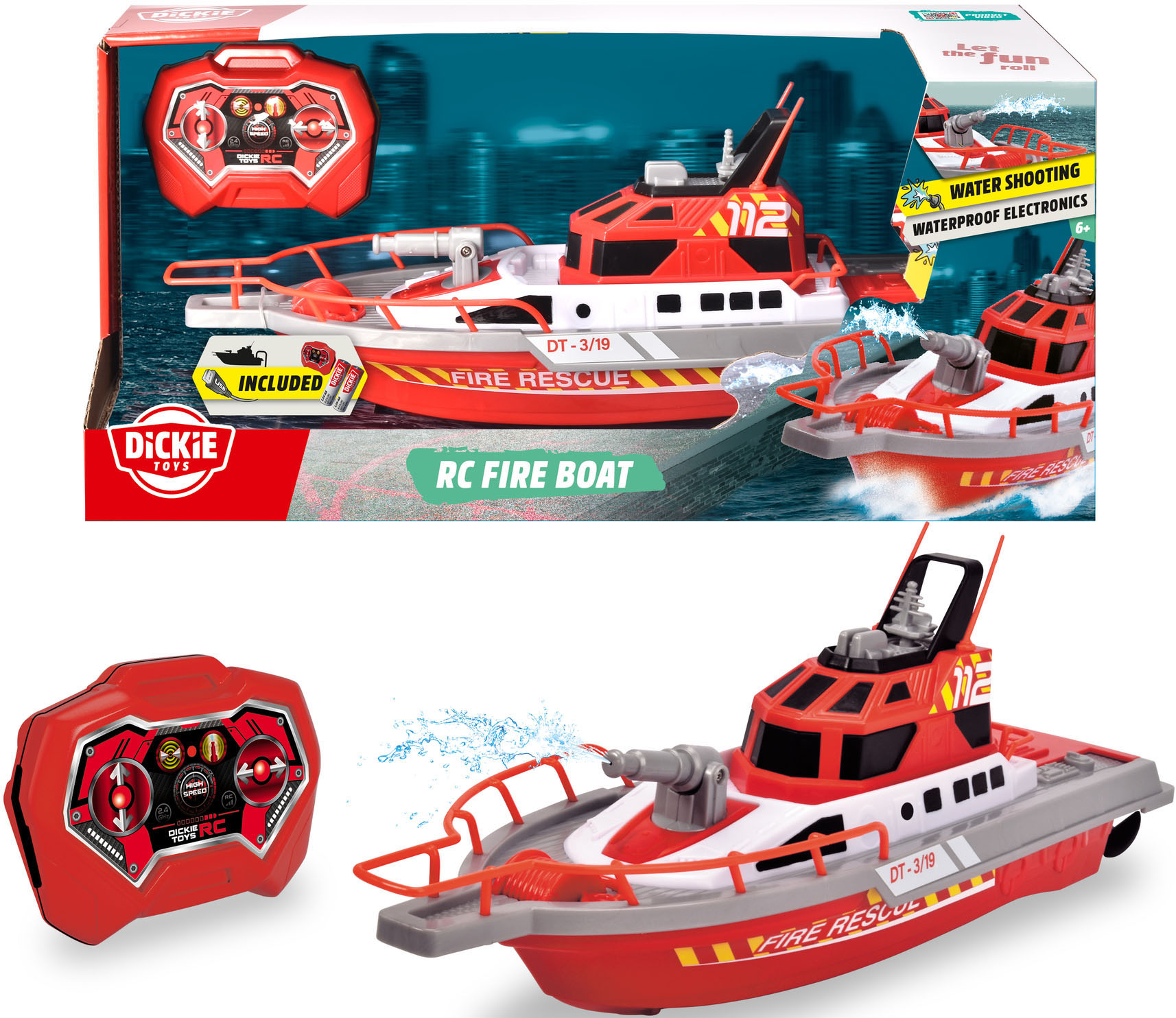 Dickie Toys 1100000002199 "Feuerwehrboot" mit Wasserspritzfunktion und Fernbedienung
