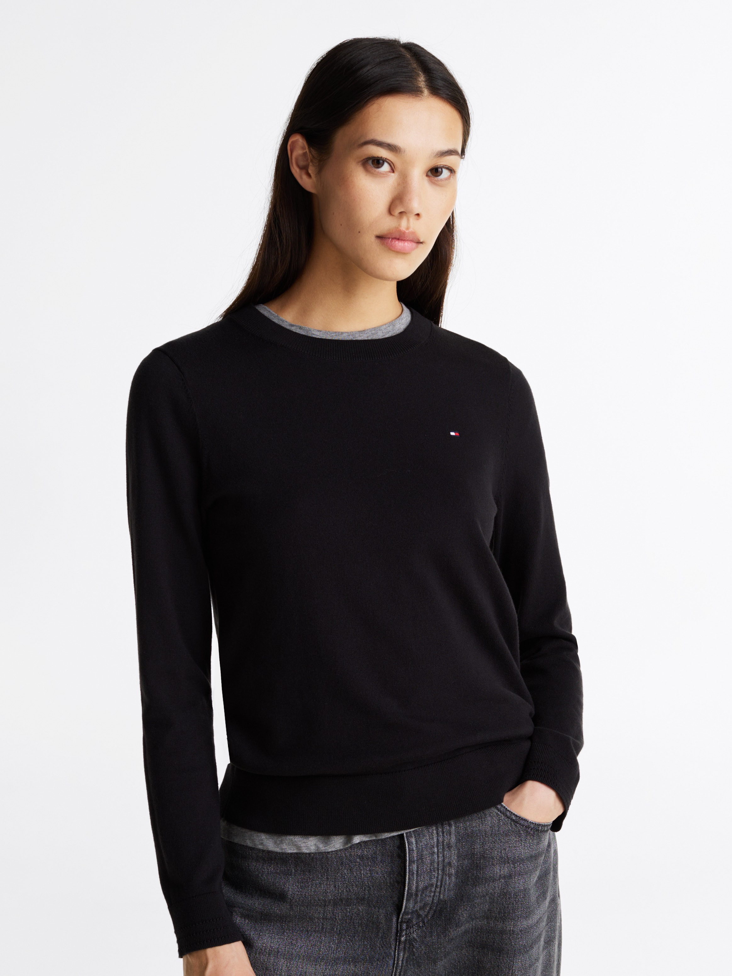 Tommy Hilfiger Rundhalspullover »CO JERSEY STITCH LS C-NK SWT« mit Logostickerei
