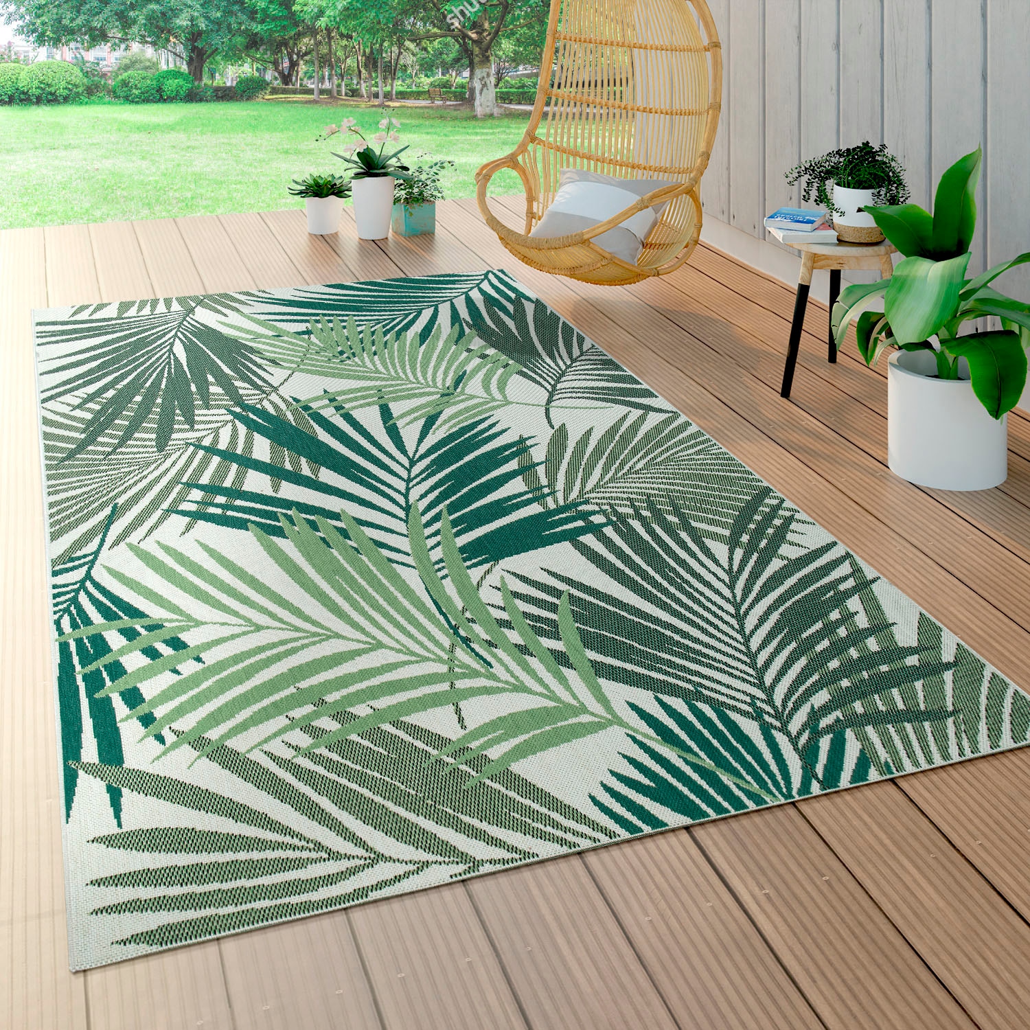 Paco Home Teppich »Ostende 534«, rechteckig, 4 mm Höhe, Flachgewebe, Motiv Palmenblätter, In- und Outdoor geeignet, Wohnzimmer
