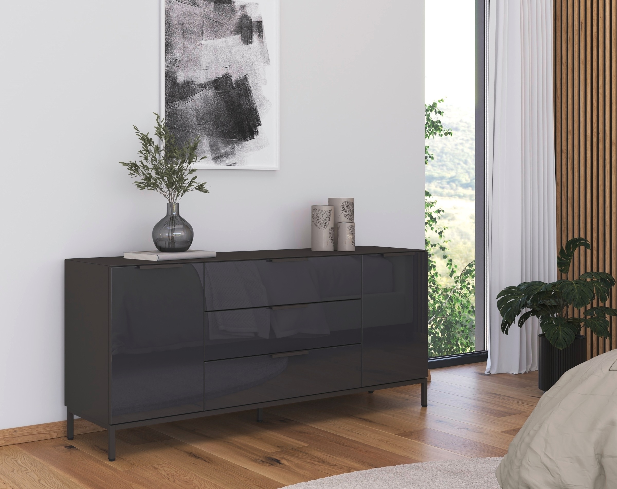 rauch Kombikommode "Kommode Türkommode Sideboard Kombikommode FLIPP mit Glasfront" Breite 160 cm mit 2 Einlegeböden, 2-türig, 3 Schubladen, Soft-Close-Funktion, Oberboden und Front Glas