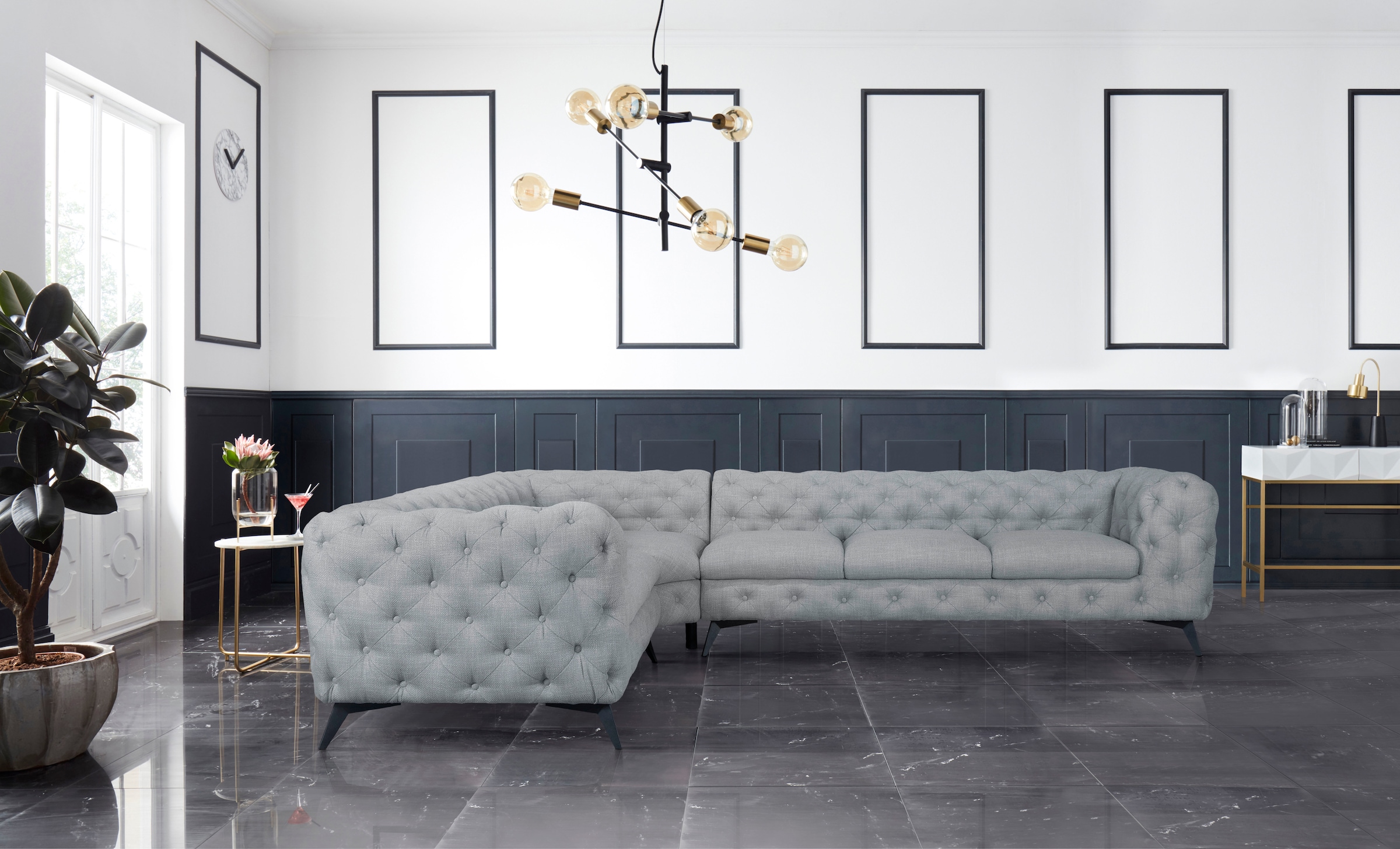 Leonique Chesterfield-Sofa »Ecksofa GLYNIS L-Form mit Wellenunterfederung, Masse B/T/H 323/264/75cm«, aufwändige Knopfheftung, moderne Chesterfield Optik, Fussfarbe wählbar