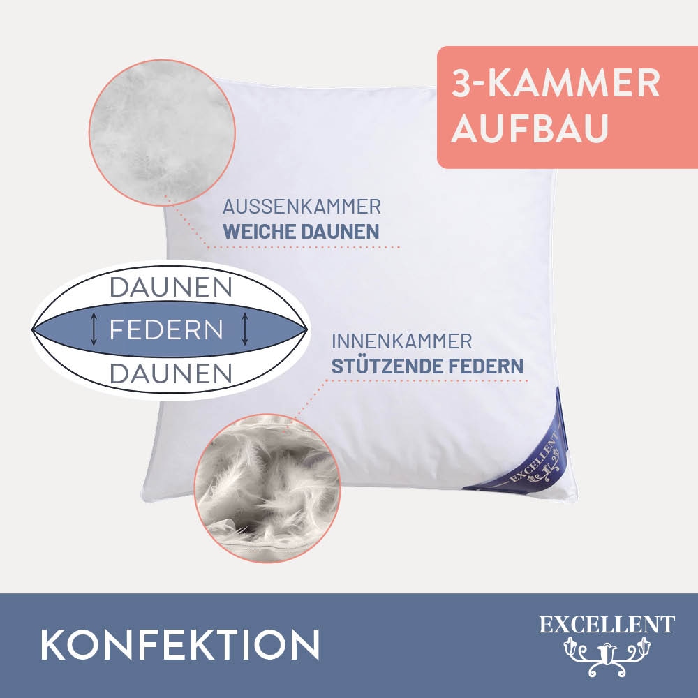 Excellent 3-Kammer-Kopfkissen »Wien«, Füllung: 60% Daunen / 40% Federn (Aussenkammern) und 100% Federn (Innenkammer), Bezug: 100% Baumwolle, (1 St.), Kopfkissen in 40x80 und 80x80 erhältlich