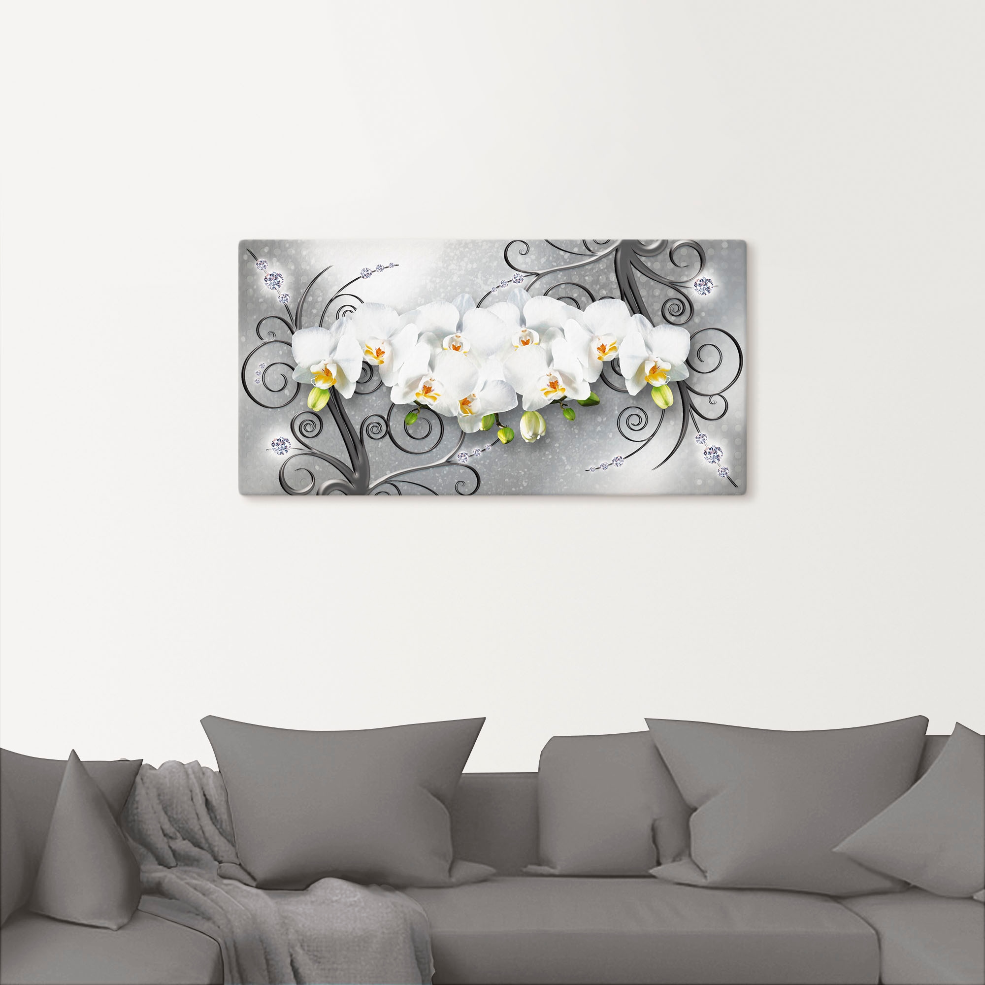 Artland Wandbild »weisse Orchideen auf Ornamenten«, Blumenbilder, (1 St.), als Alubild, Outdoorbild, Leinwandbild, Poster, Wandaufkleber