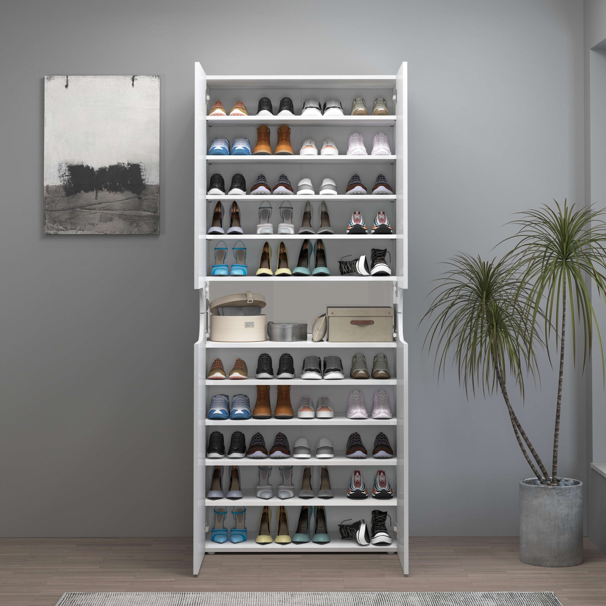INOSIGN Schuhschrank »Real,Schuhschrank,Schuhkommode,Schuhregal,Breite 80 cm,Höhe 190 cm«, komplett Hochglanz lackiert, 4 Türen mit offenem Fach in ovaler Form