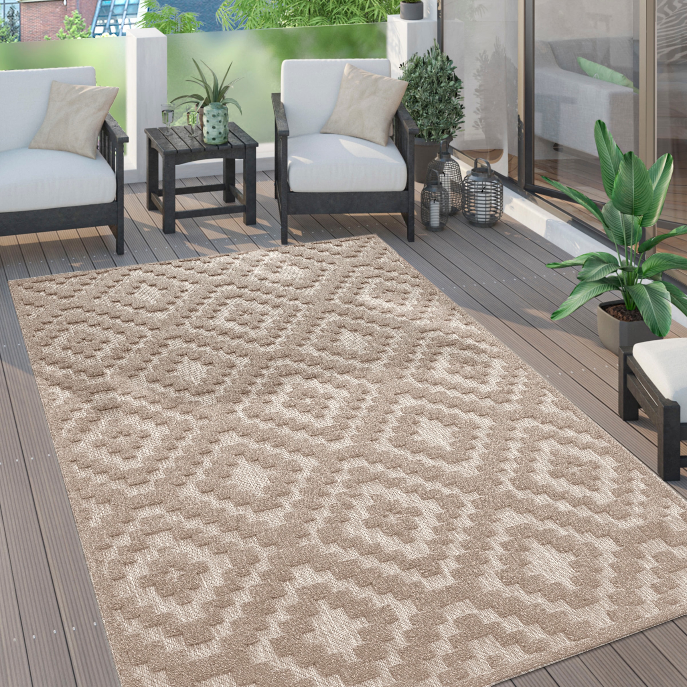 Paco Home Teppich »Livorno 671«, rechteckig, 14 mm Höhe, Uni-Farben, Scandi, Rauten Muster, Hoch-Tief Effekt, Outdoor geeignet