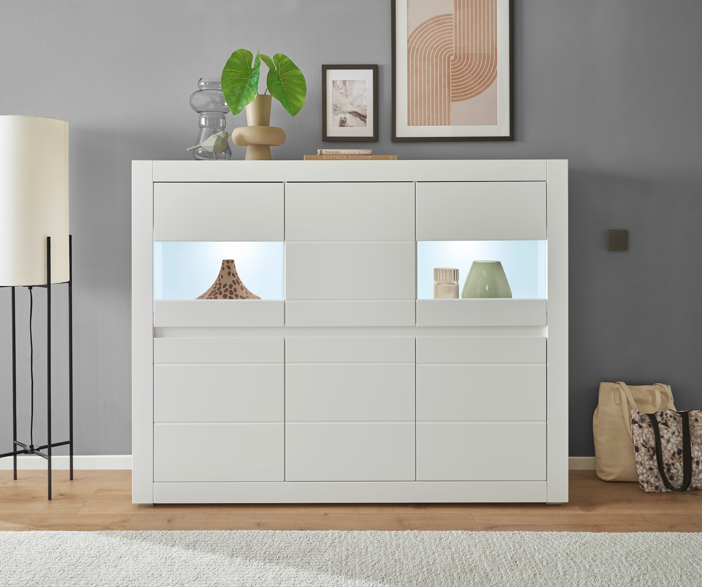 INOSIGN Highboard »Chester, moderne Kommode, Schrank mit Stauraum, Sideboard in Weiss Matt«, (1 St.), austauschbare Blende in Griffleiste, zeitloses Design, 165 cm breit