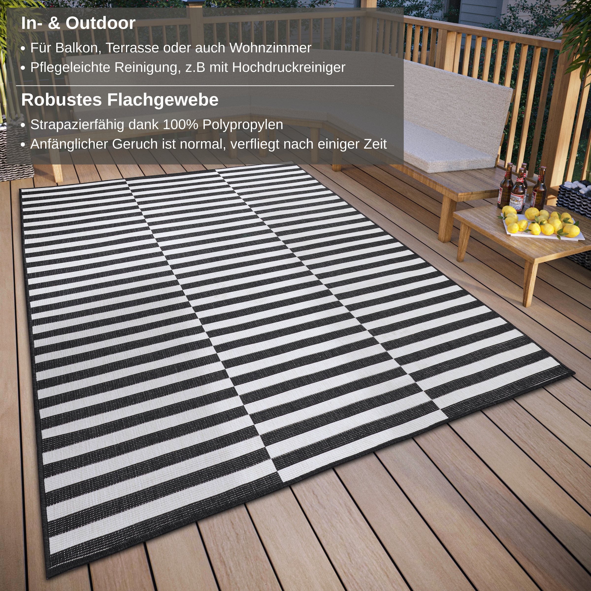 my home Teppich »Viela  Outdoor Wendeteppich, auch als Läufer erhältlich«, rechteckig, 5 mm Höhe, schwarz weiss, Flachgewebe, Balkon, Wohnzimmer, In-Outdoor, wasserfest